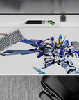 Electric blue and white anime desk pad 40x20 inches with gold horns, fast cute fearless vibe.