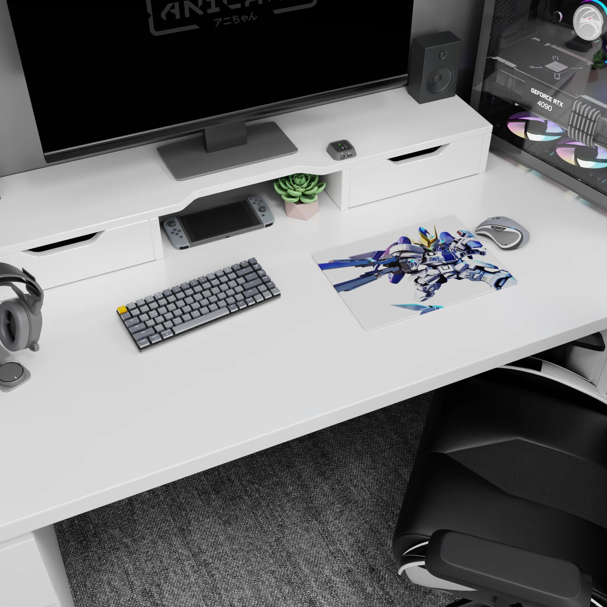 Classic mecha scene anime mouse pad 14x10 inches, chibi robot slashing twin blades like a comic panel.