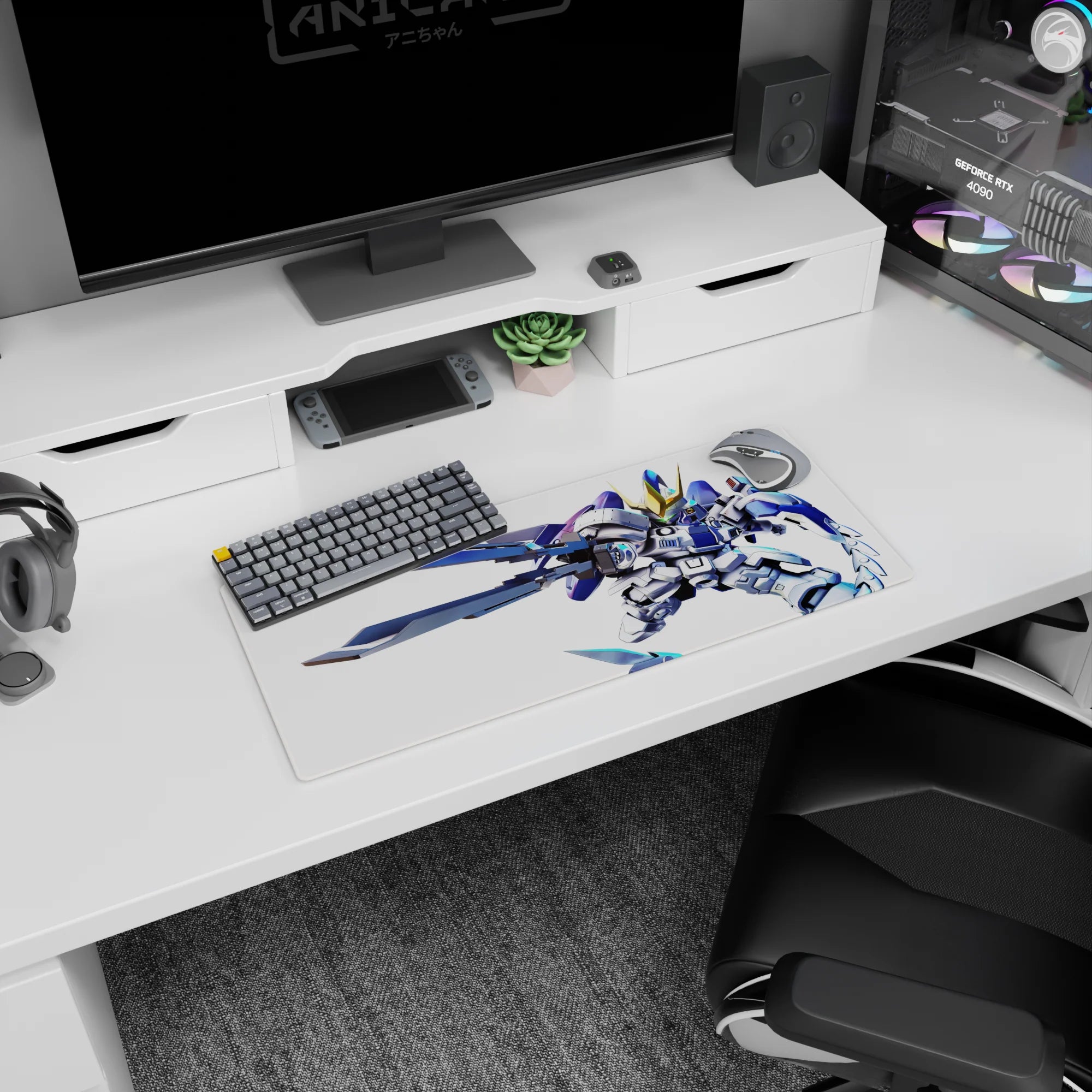 Mecha pilot chibi Gundam scene anime mouse pad 28x12 inches, twin giant swords slashing like panels.