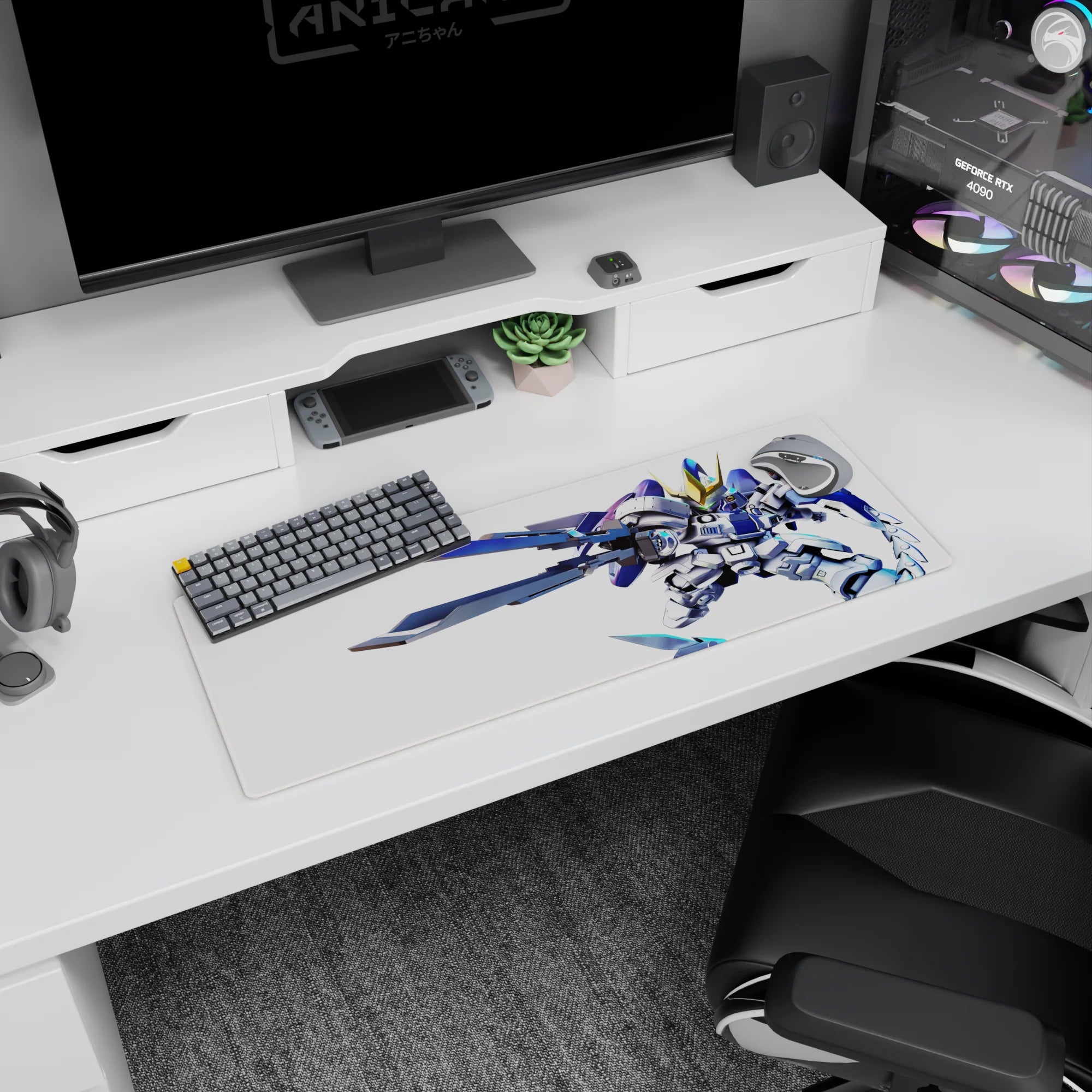 32x12 inches anime mouse pad showing a chibi Gundam mecha slashing twin blades like a comic panel.