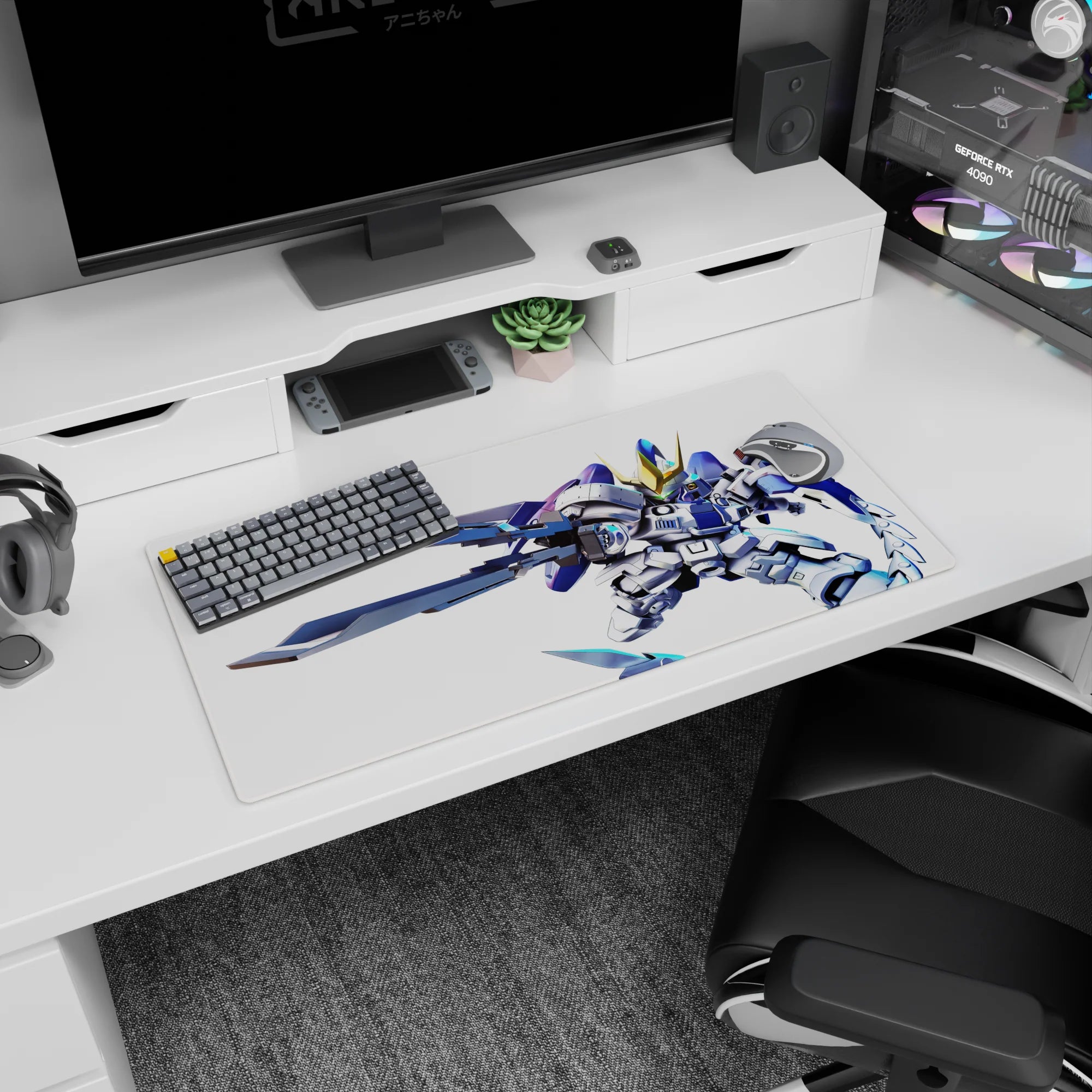 Chibi Gundam pilot mecha with oversized blades on anime mouse pad 32x16 inches, comic-panel feel.