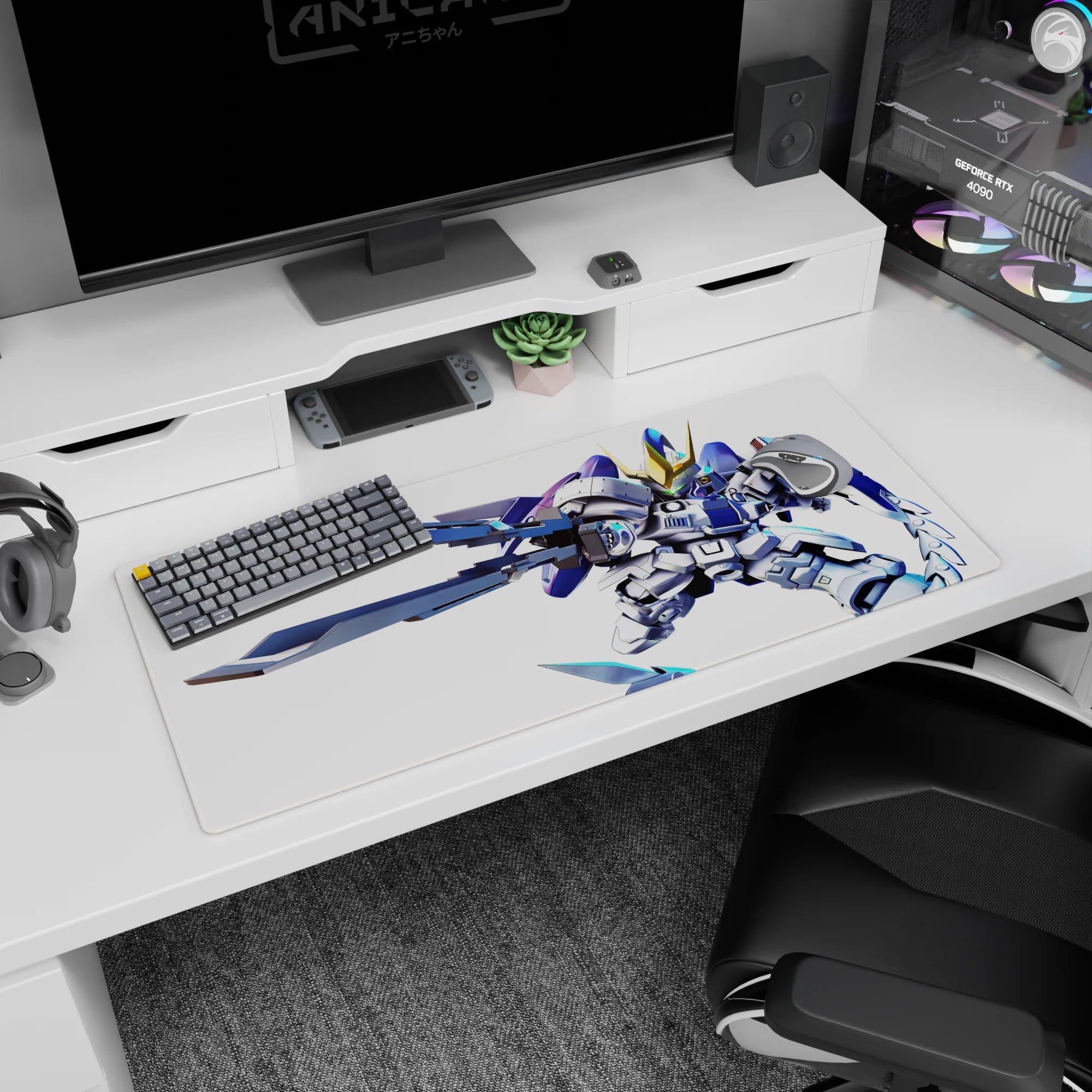 Chibi mecha pilot scene with twin giant swords cutting like a comic panel, anime desk pad 36x16 inches.