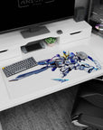 Chibi mecha pilot scene with twin giant swords cutting like a comic panel, anime desk pad 36x16 inches.