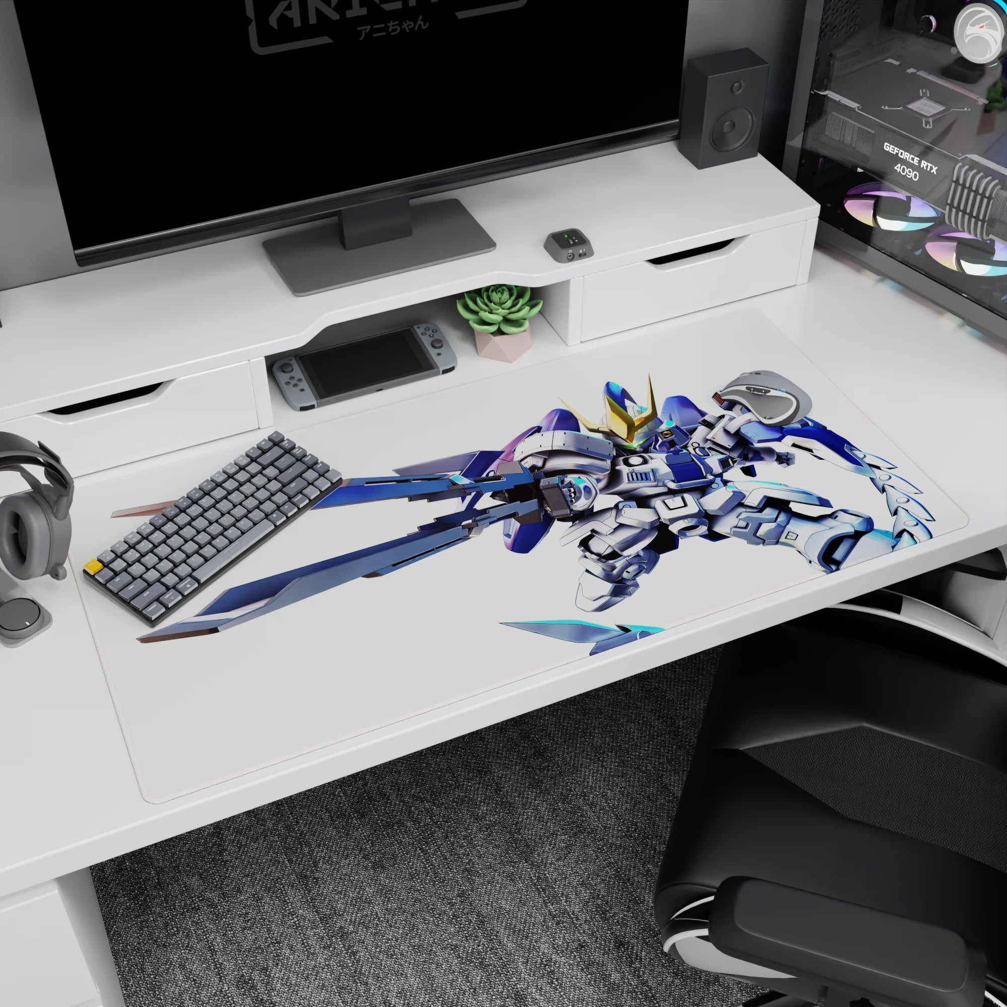 Chibi mecha with sharp gold V-fin and huge swords on anime desk pad 40x20 inches.