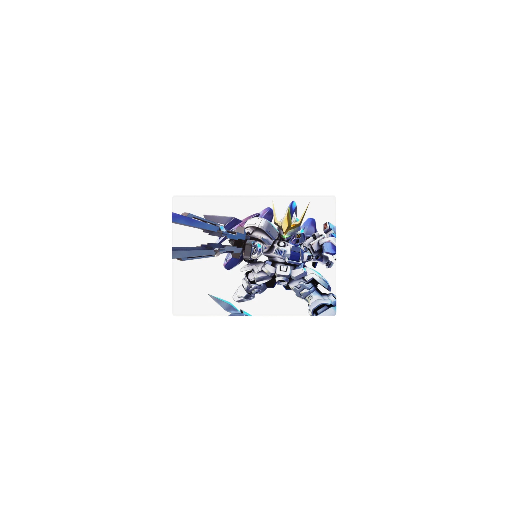 Chibi Gundam-style anime mouse pad 14x10 inches with gold horned mech and oversized swords.