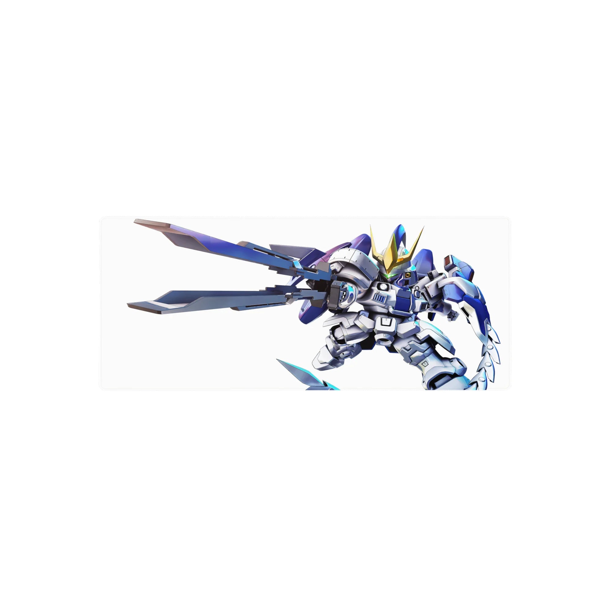 Chibi Gundam-style anime mouse pad 28x12 inches with gold horned mecha and oversized blades.