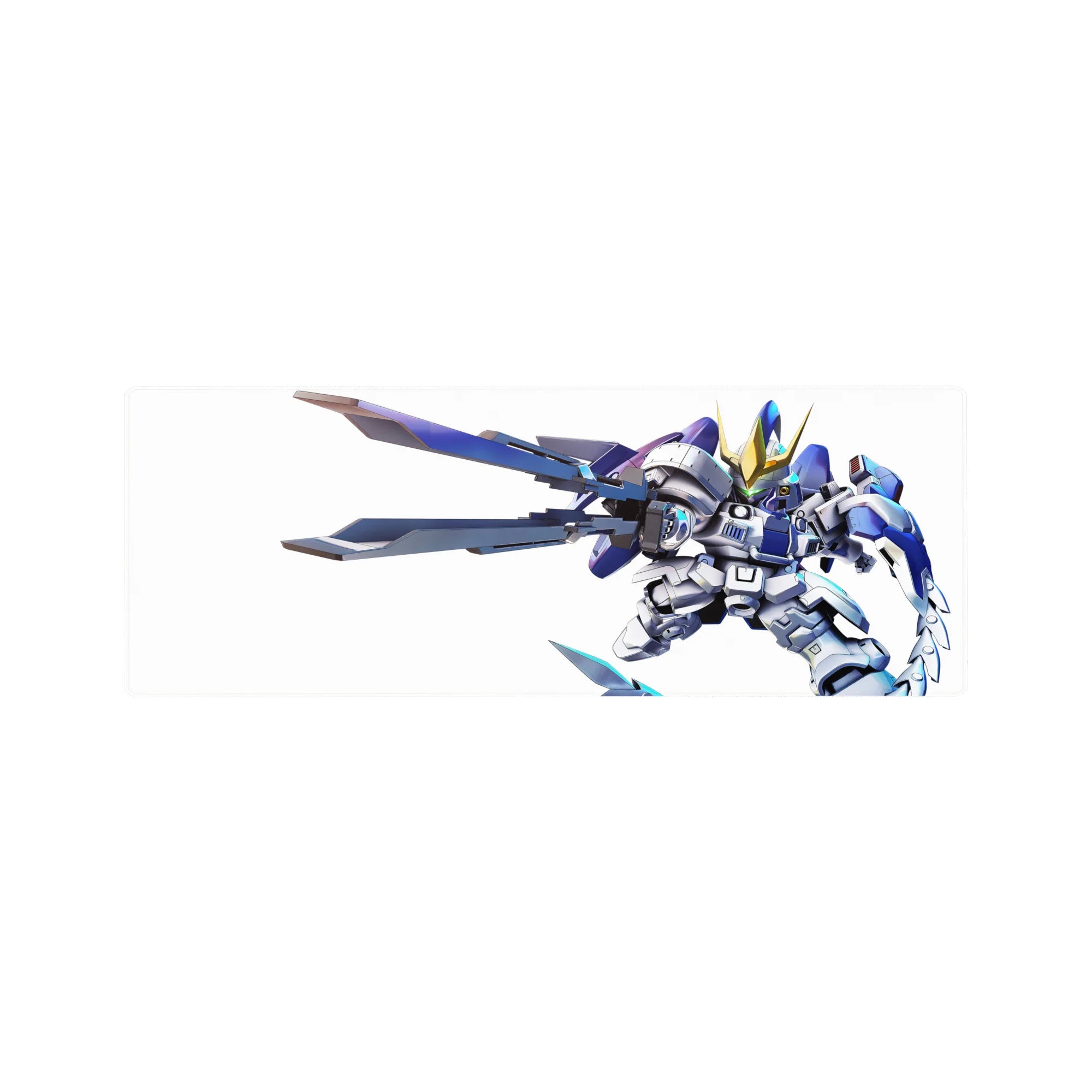 32x12 inches anime mouse pad with chibi Gundam-style mecha, gold horns, and oversized blades.