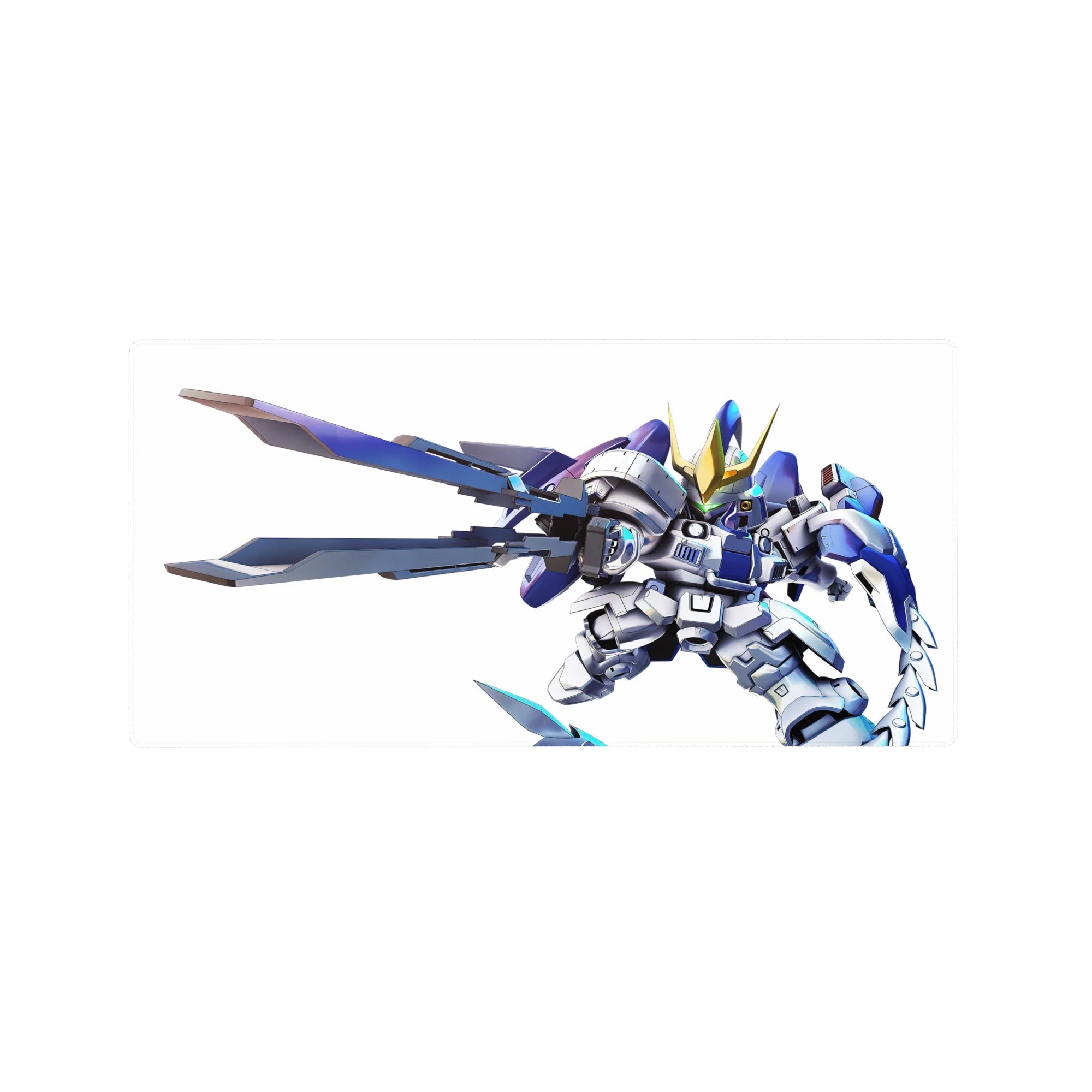 Chibi Gundam-style mecha anime mouse pad 32x16 inches with gold horns and twin swords.