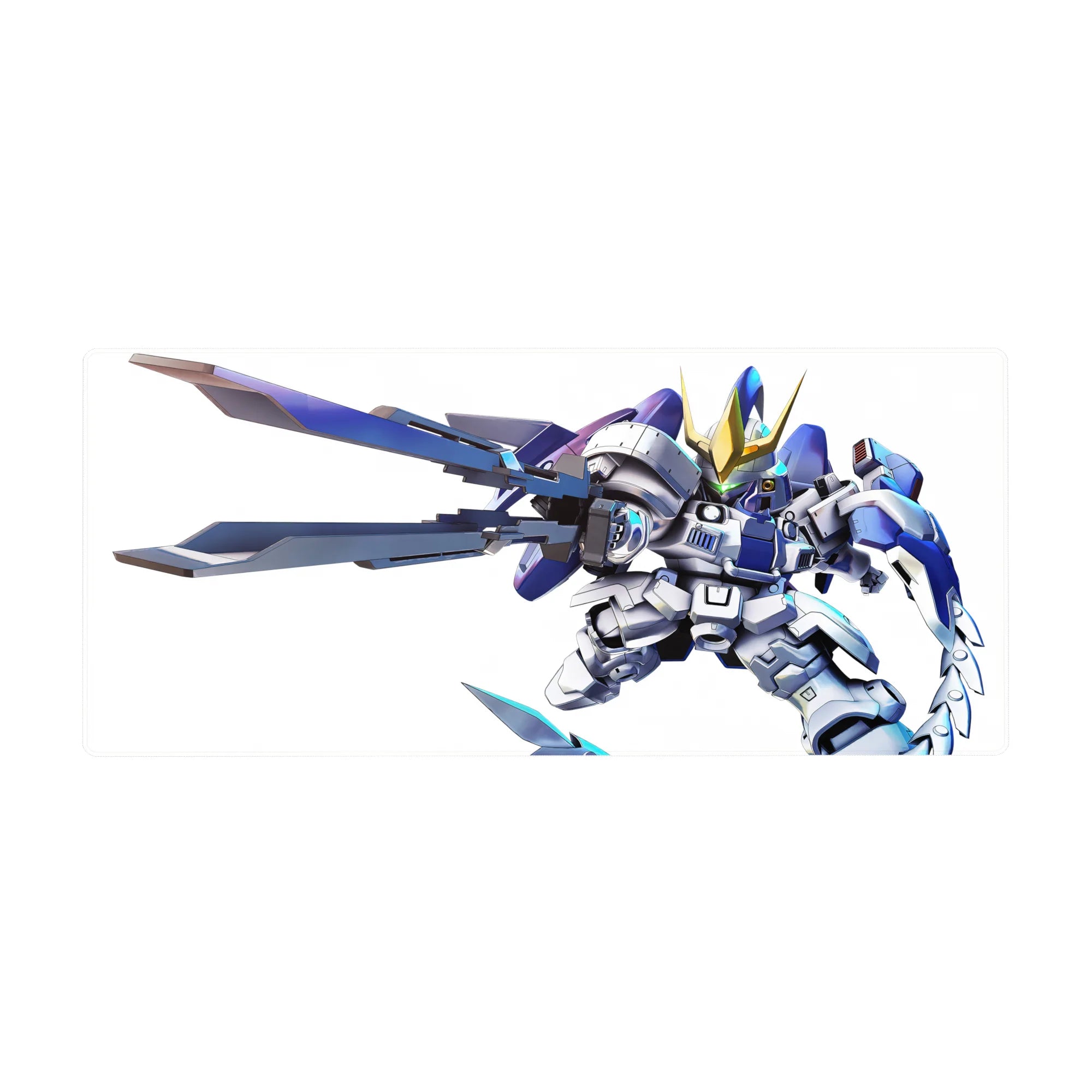 Chibi Gundam-style anime desk pad, oversized blades and gold horn accents, 36x16 inches.