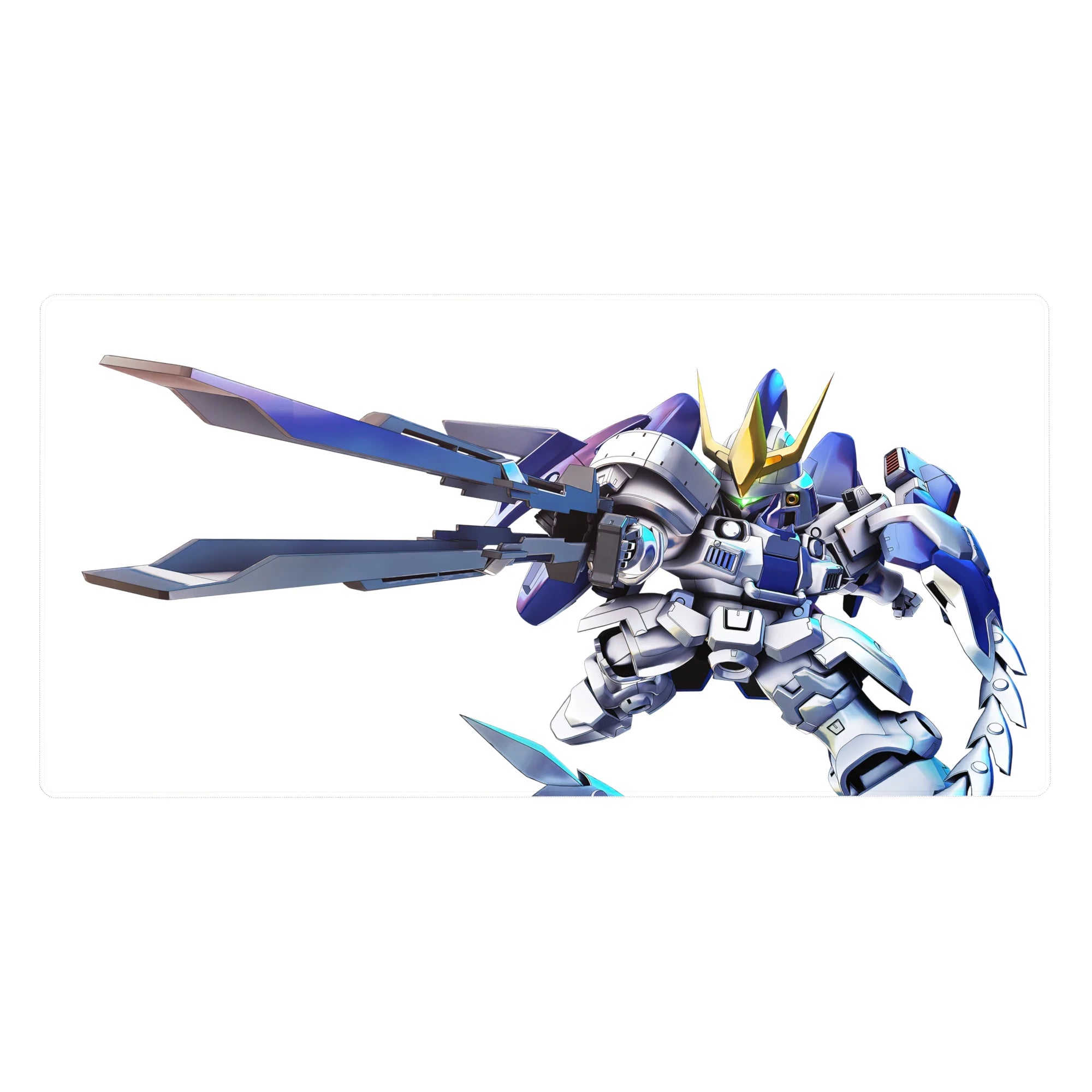 Chibi Gundam-style anime desk pad 40x20 inches with bold mecha and oversized crossed blades.