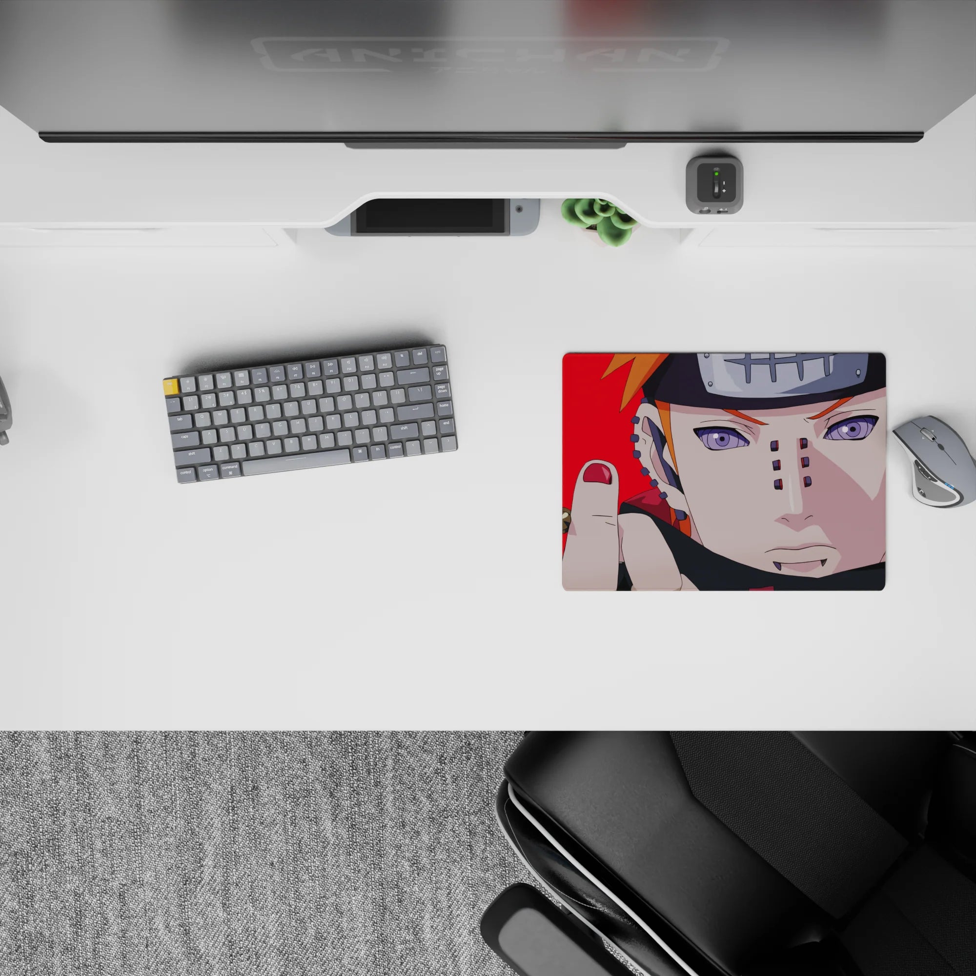 Red-background anime mouse pad 14x10 inches with intense, edgy vibe and crisp metal details.
