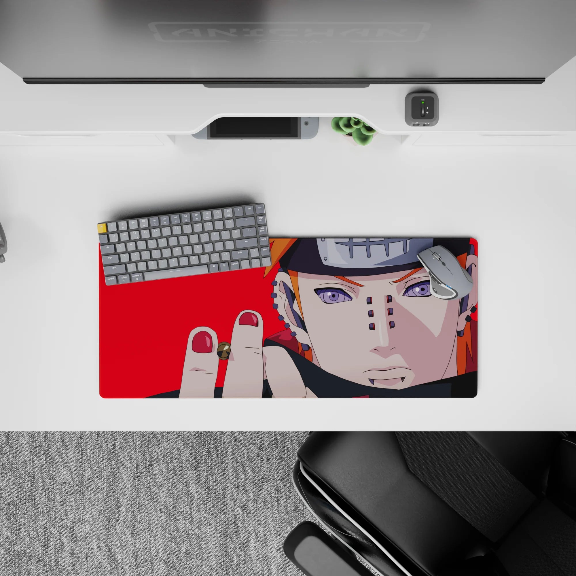 Red background anime mouse pad 28x12 inches with dark edgy vibe, smooth tracking and steady control.