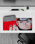 Red background anime mouse pad 28x12 inches with dark edgy vibe, smooth tracking and steady control.