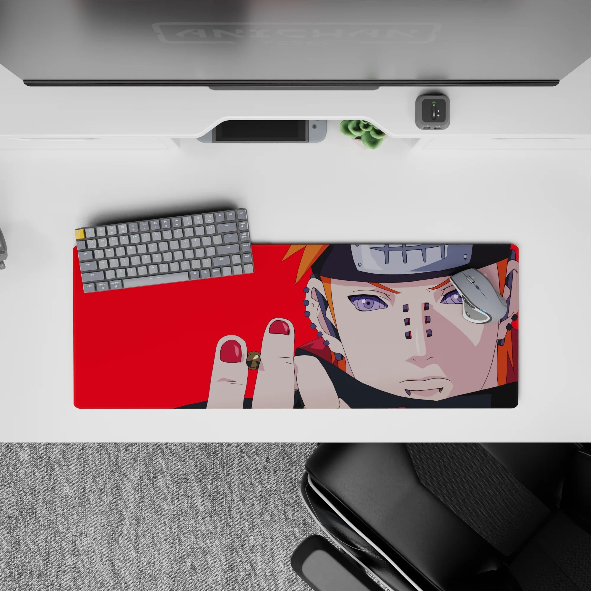 Red background anime mouse pad 32x12 inches with dark, edgy Naruto vibe and smooth tracking surface.