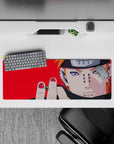 Red background anime mouse pad 32x12 inches with dark, edgy Naruto vibe and smooth tracking surface.