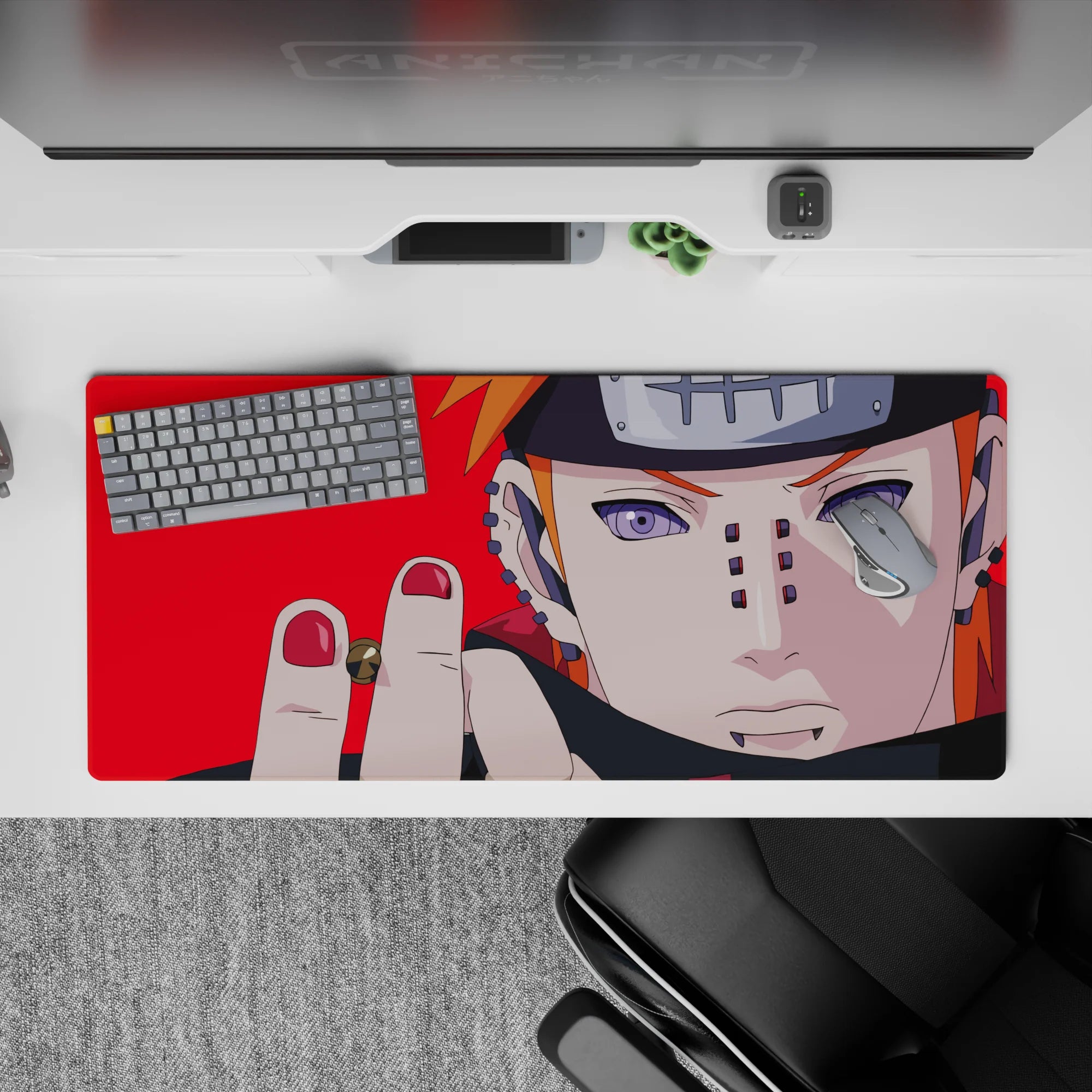 Red hot anime desk pad 36x16 inches with intense ripple-eye stare, edgy dangerous vibe and smooth control.