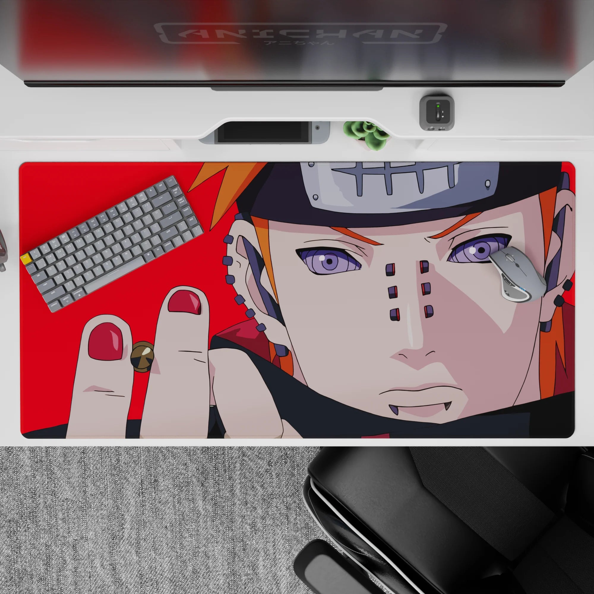 Hot red anime desk pad 40x20 inches with edgy, dangerous vibe and sharp metal details.