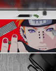 Hot red anime desk pad 40x20 inches with edgy, dangerous vibe and sharp metal details.