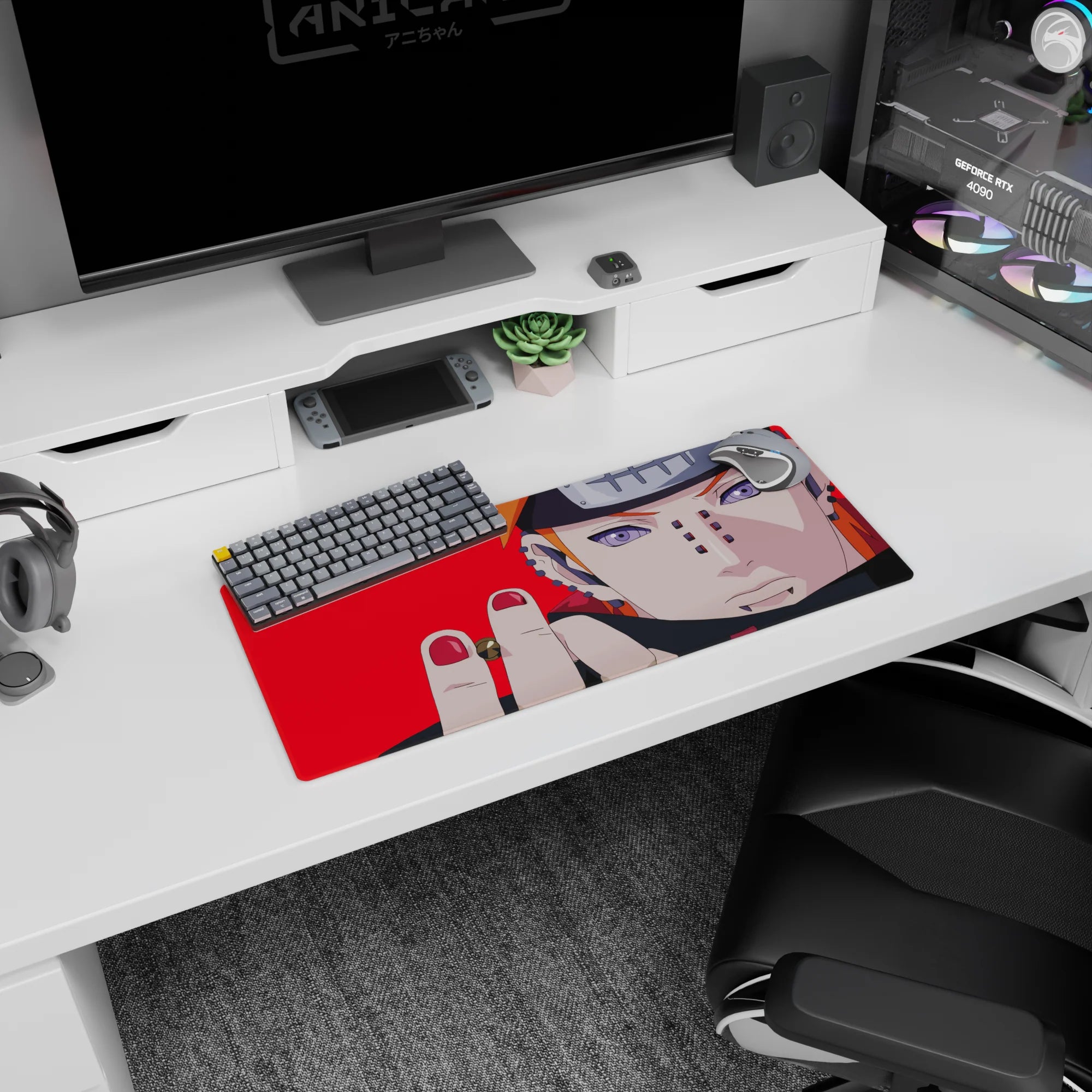 Pain (Nagato) close-up with ripple Rinnegan eyes on anime mouse pad 28x12 inches, piercing accents.