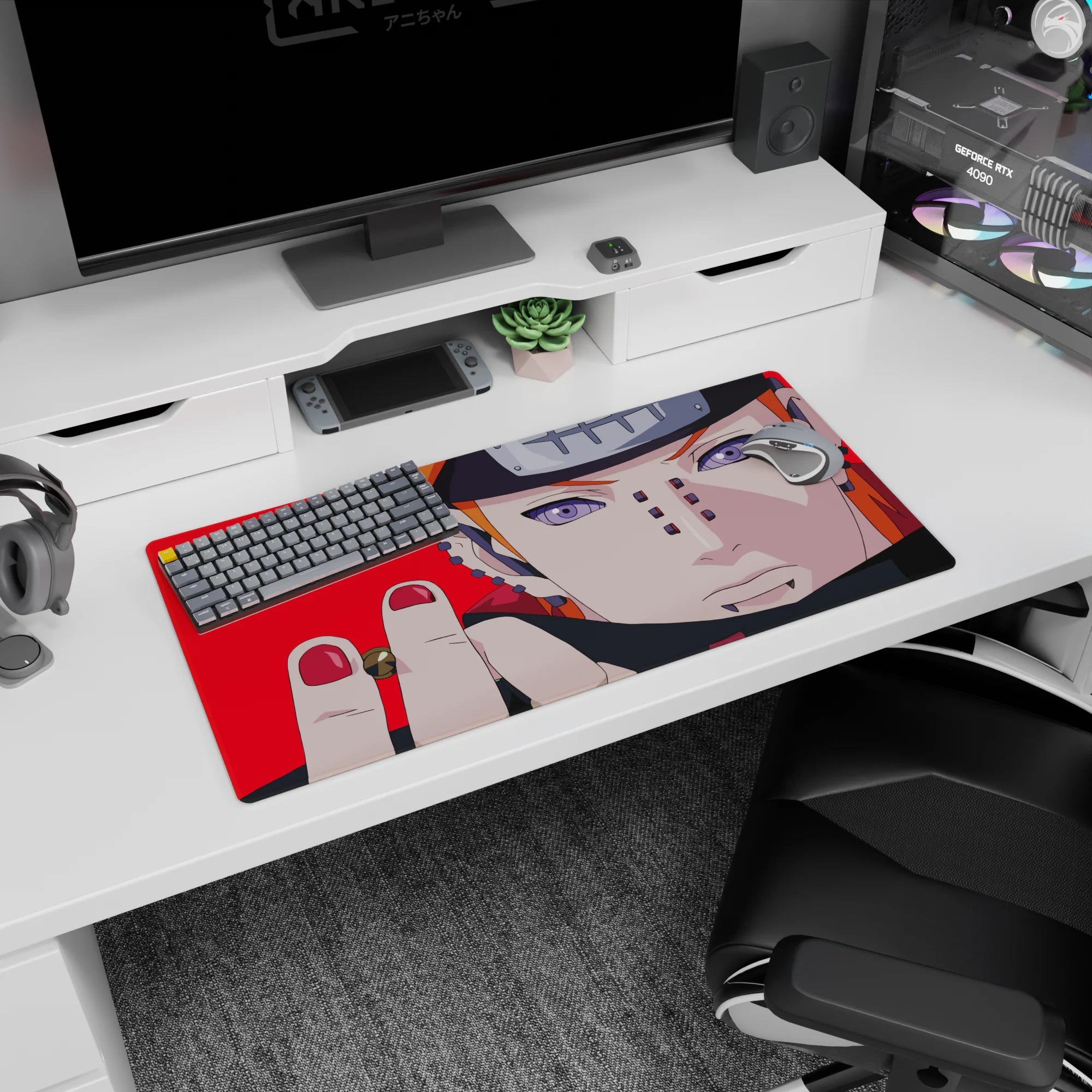 32x16 inches Naruto Shippuden mouse pad showing Pain staring forward with ripple Rinnegan on hot red.