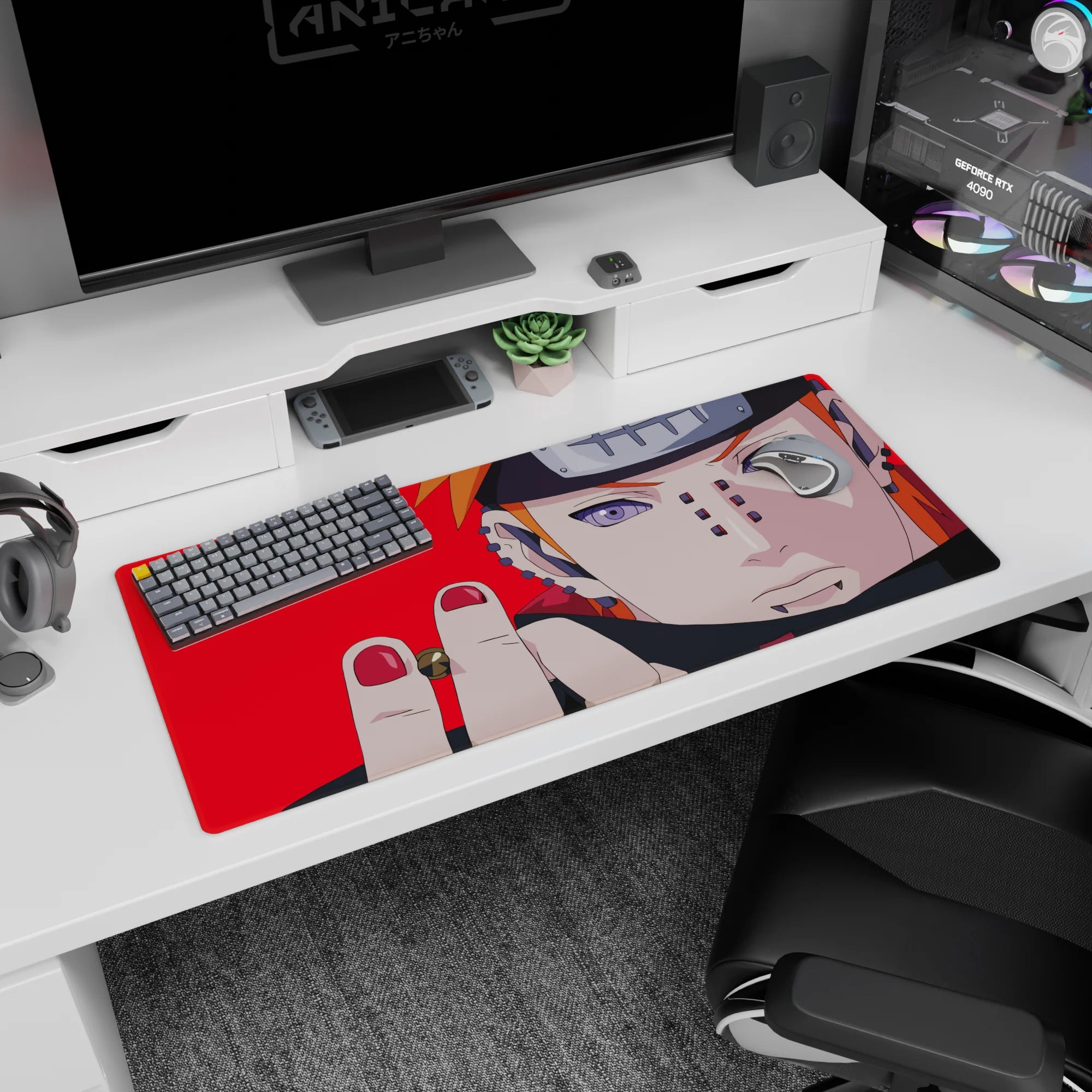 Pain (Nagato) Rinnegan close-up on anime desk pad 36x16 inches, piercing details over bold red background.