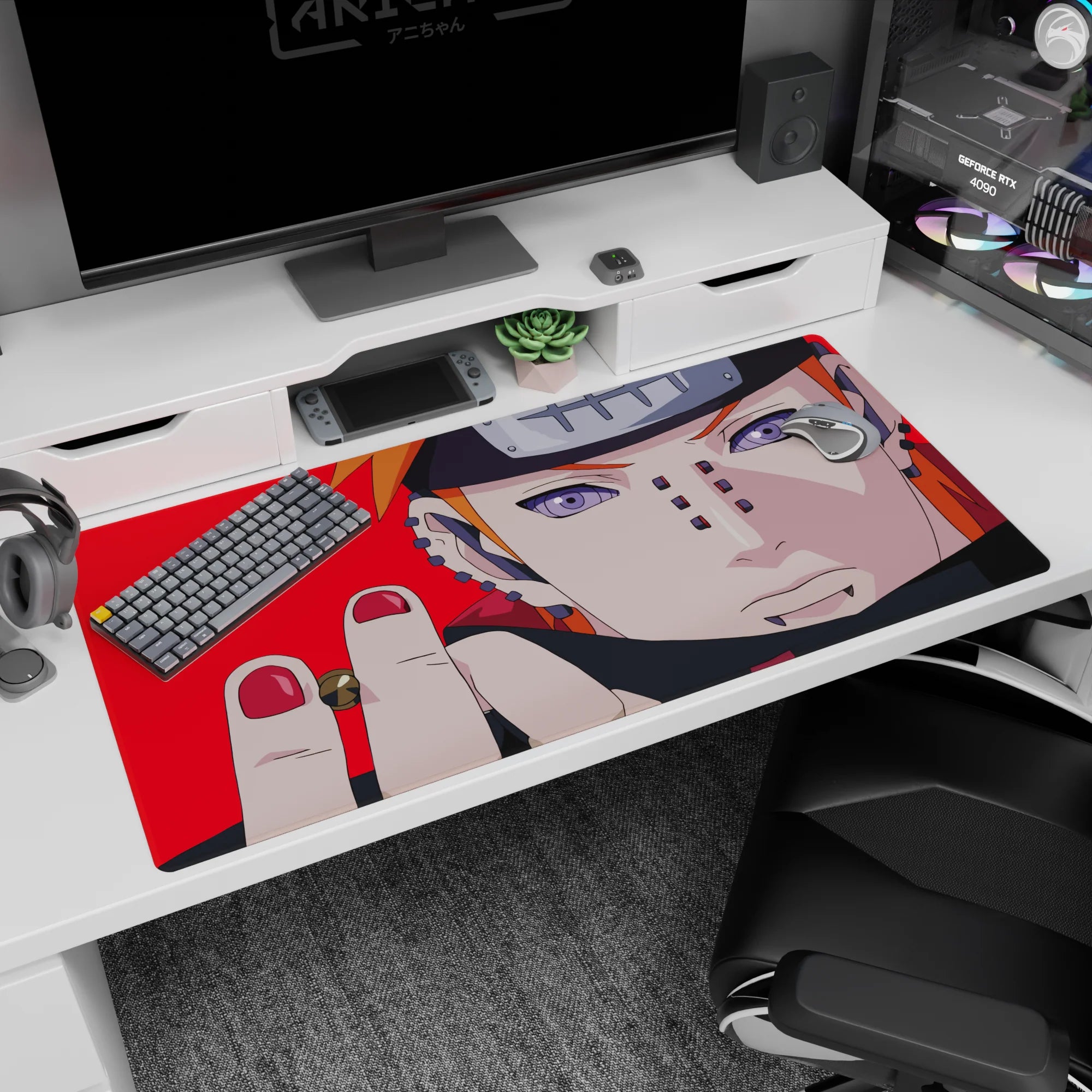 Pain (Nagato) close-up with ripple Rinnegan eyes on red, Naruto Shippuden desk pad 40x20 inches.