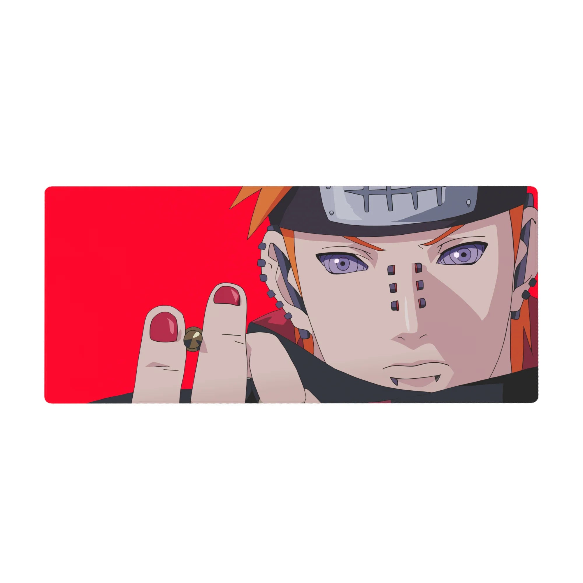 Naruto Shippuden Pain anime desk pad 36x16 inches with red backdrop, metal headband and piercings.