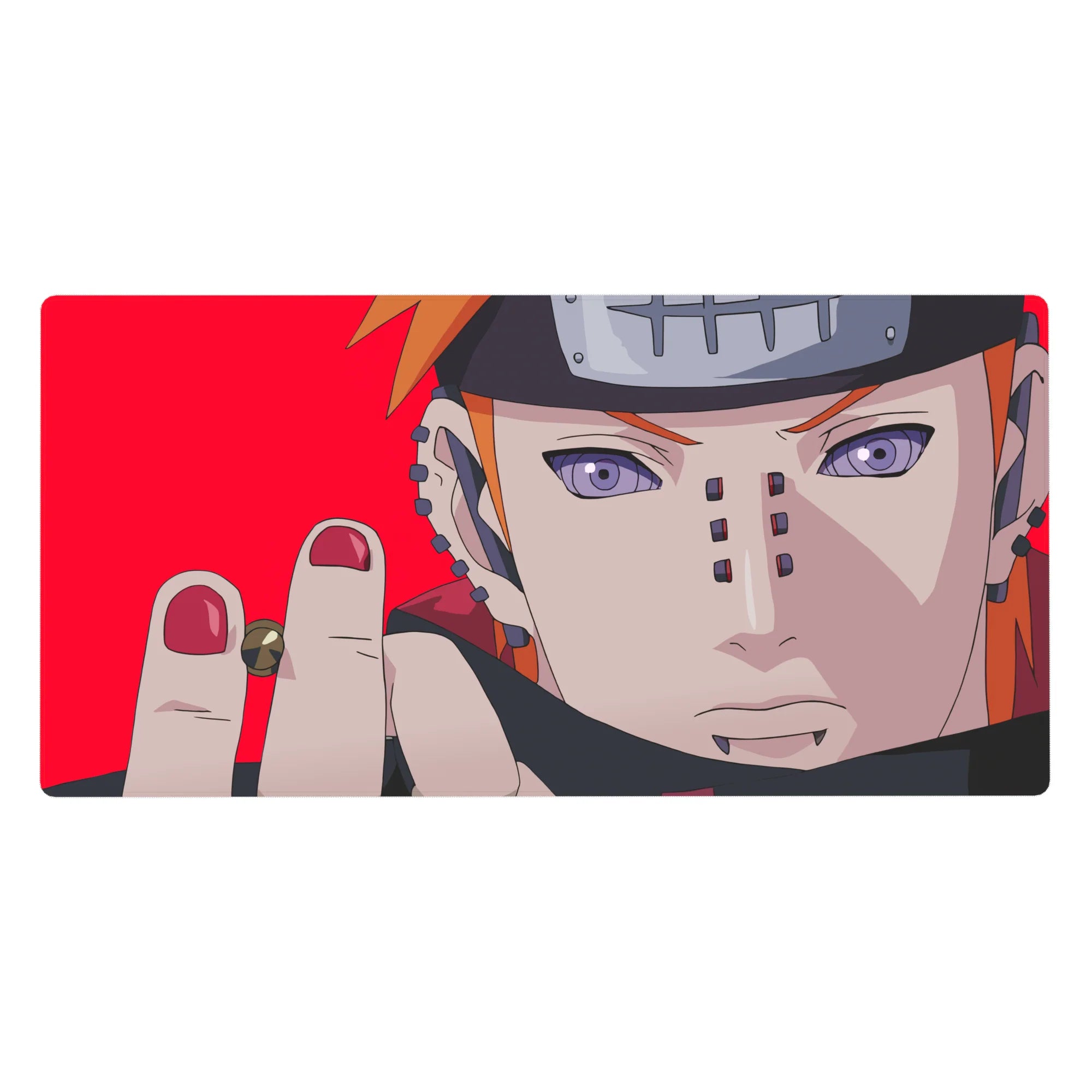 Naruto Shippuden Pain Rinnegan anime desk pad, red backdrop with piercings, 40x20 inches.