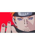 Naruto Shippuden Pain Rinnegan anime desk pad, red backdrop with piercings, 40x20 inches.