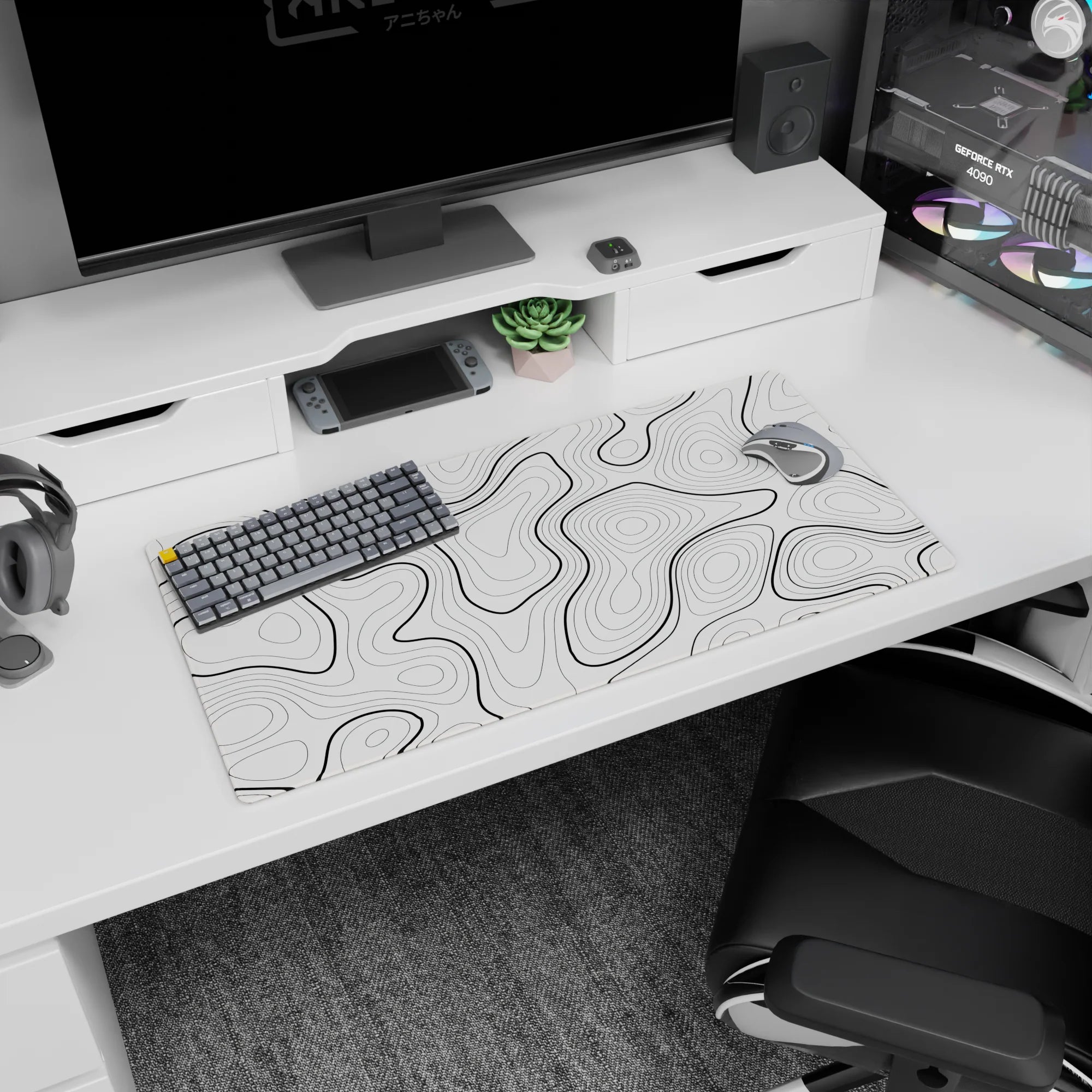 Topographic (Topo) Deskmat | Mousepad | Deskpad - Monochrome Contours - AniChan