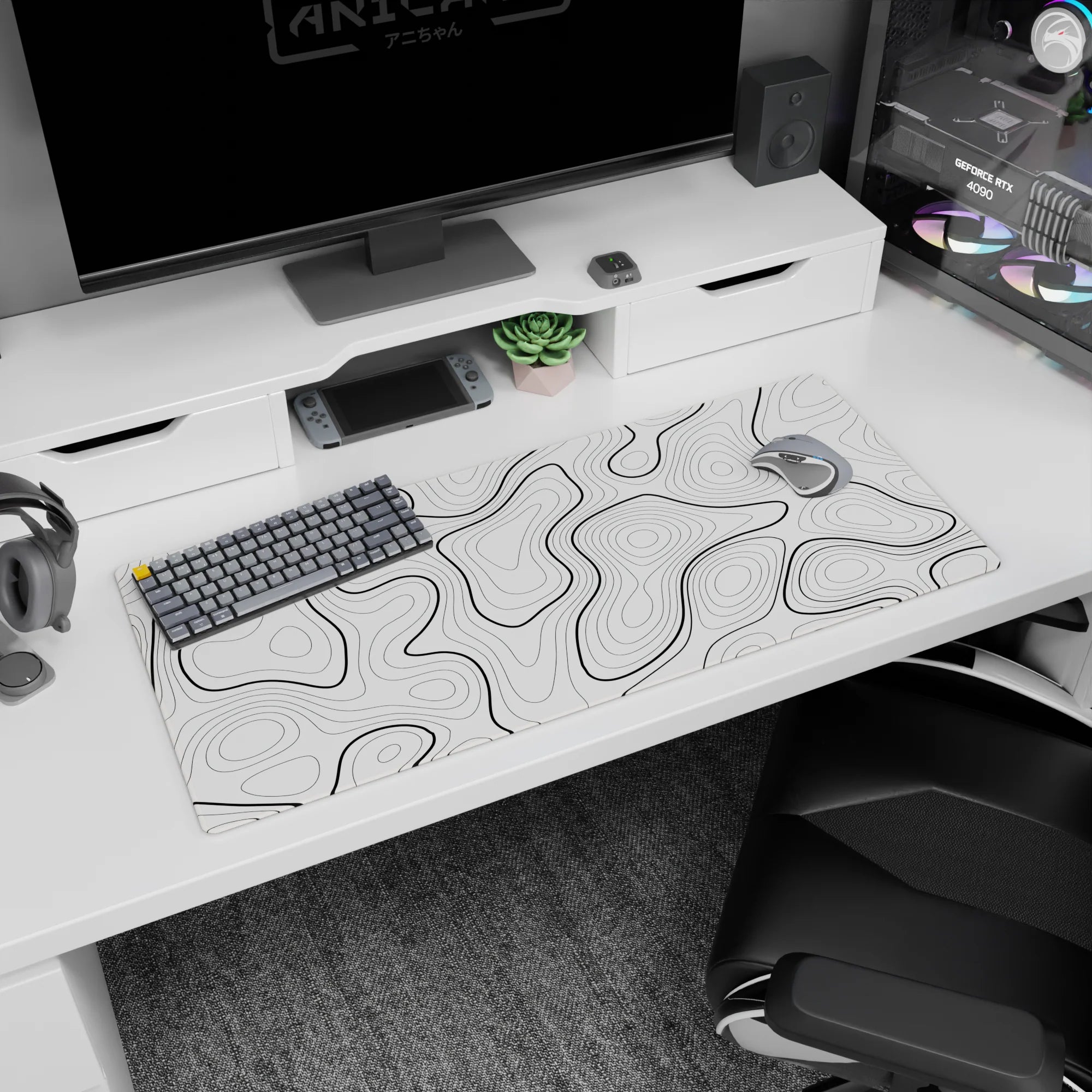 Topographic (Topo) Deskmat | Mousepad | Deskpad - Monochrome Contours - AniChan