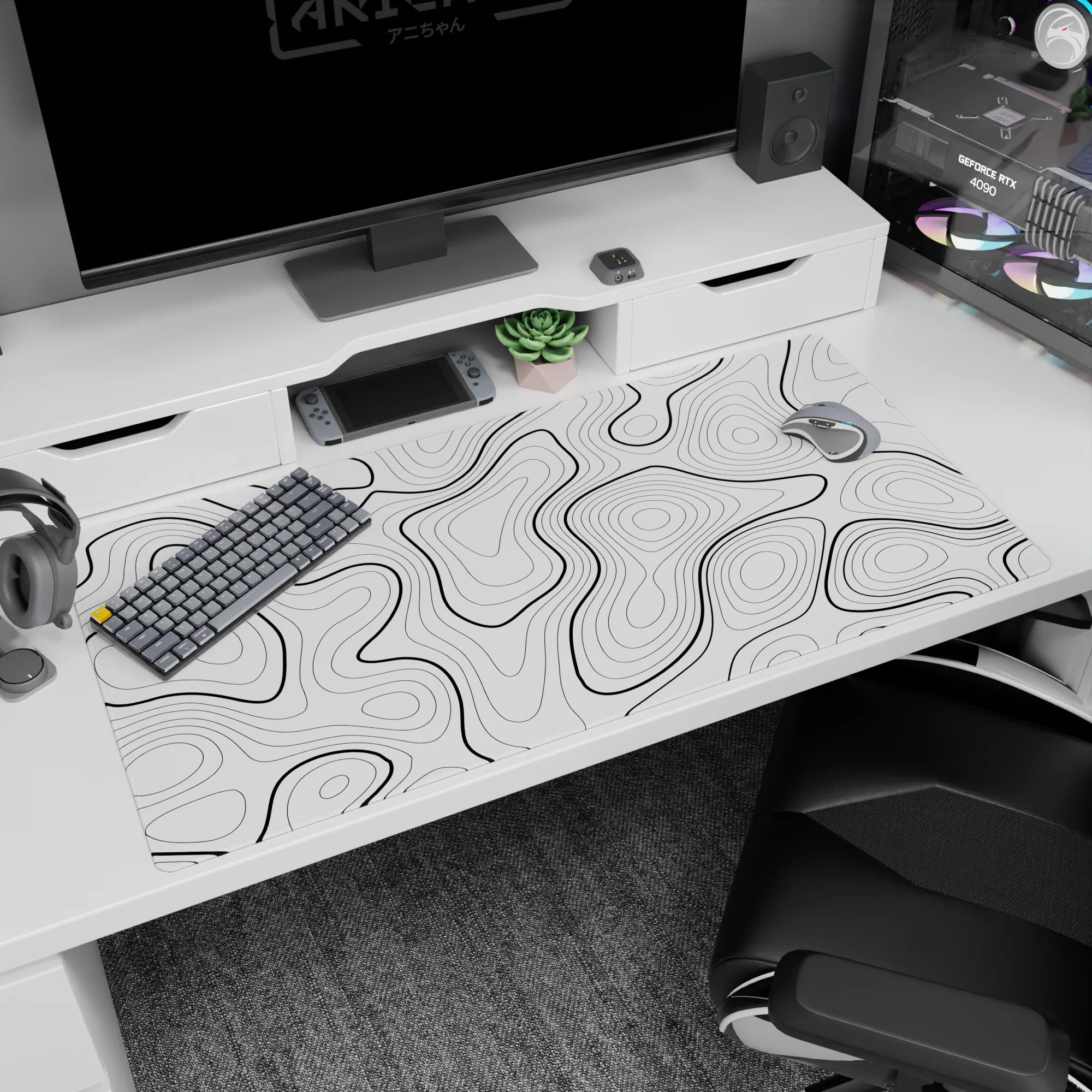 Topographic (Topo) Deskmat | Mousepad | Deskpad - Monochrome Contours - AniChan