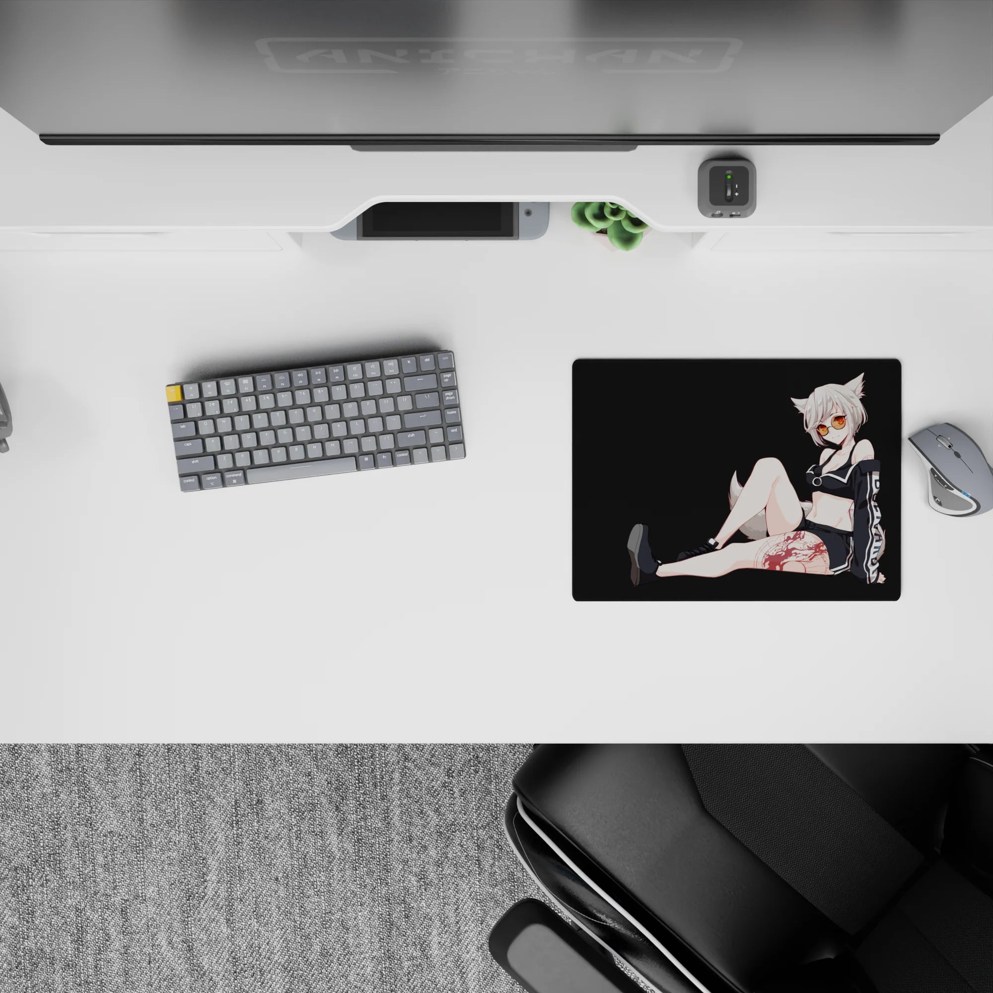 Deep charcoal anime girl mouse pad 14x10 inches with amber shades, crisp white stripes, playful mood.