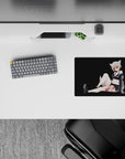 Deep charcoal anime girl mouse pad 14x10 inches with amber shades, crisp white stripes, playful mood.