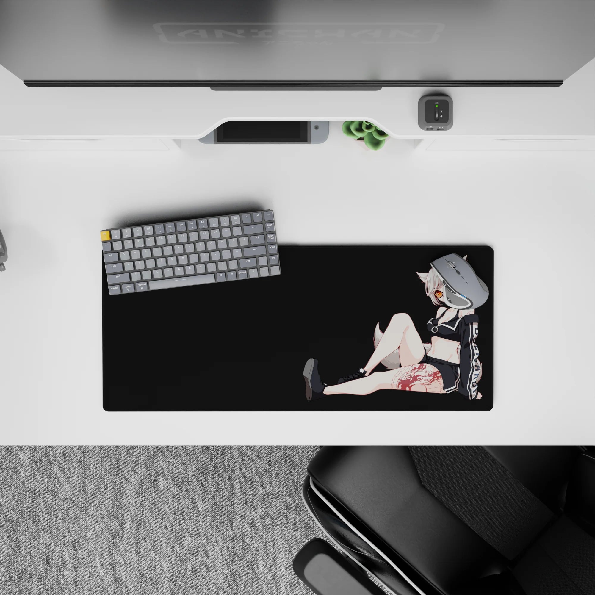 28x12 inches anime desk mat in deep charcoal tones, amber shades, crisp white stripes, playful vibe.