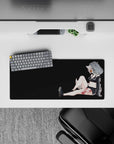 28x12 inches anime desk mat in deep charcoal tones, amber shades, crisp white stripes, playful vibe.