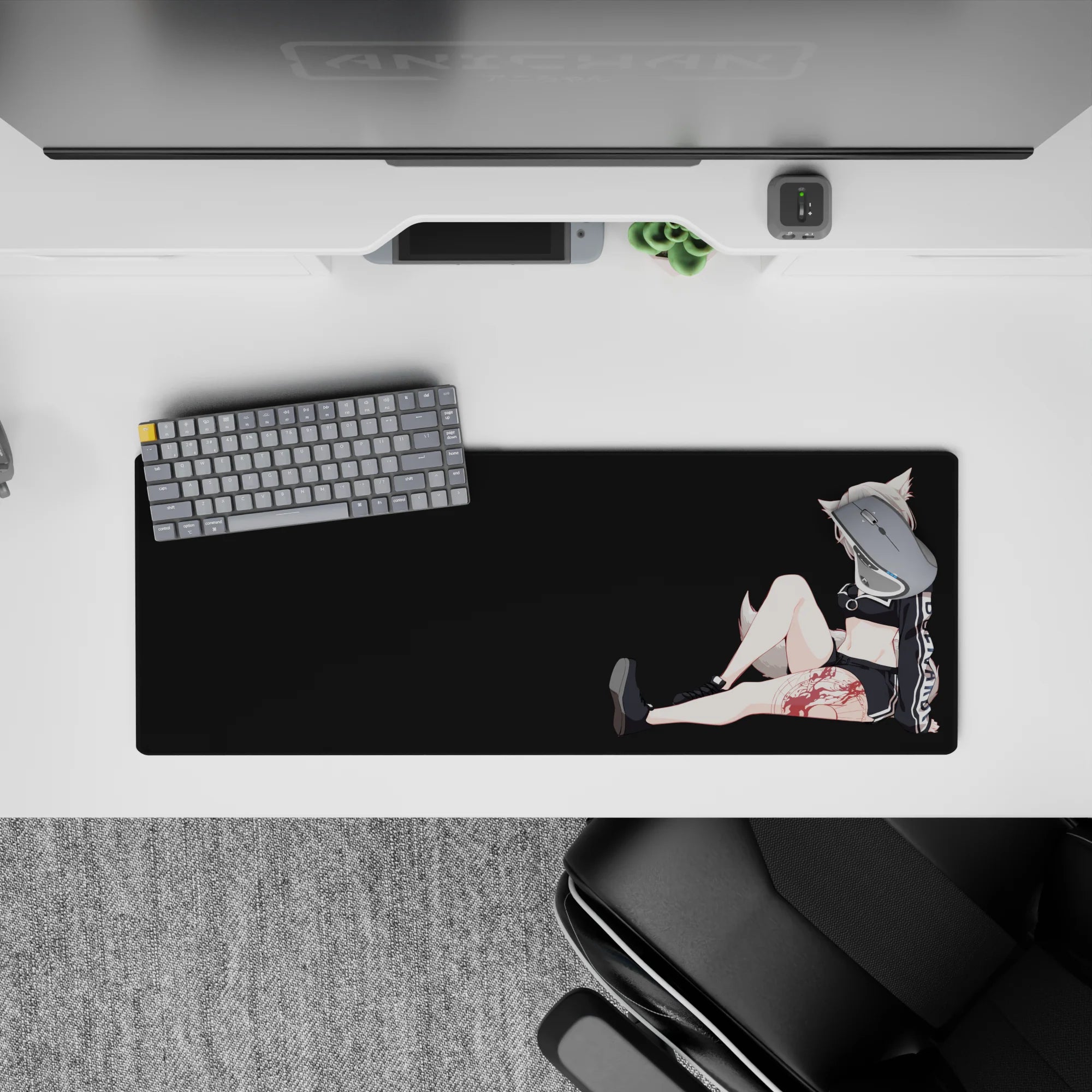 Charcoal backdrop anime girl mouse pad 32x12 inches in moody tones with amber shades and white stripes.