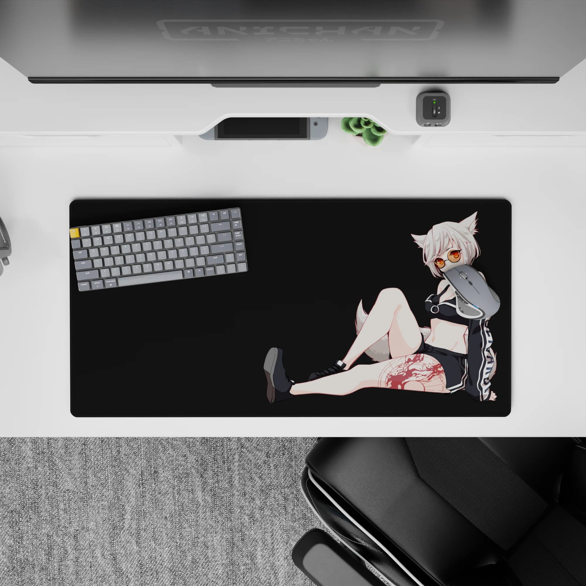 32x16 inches anime desk mat in deep charcoal tones, amber shades, crisp white stripes, playful mischievous vibe.