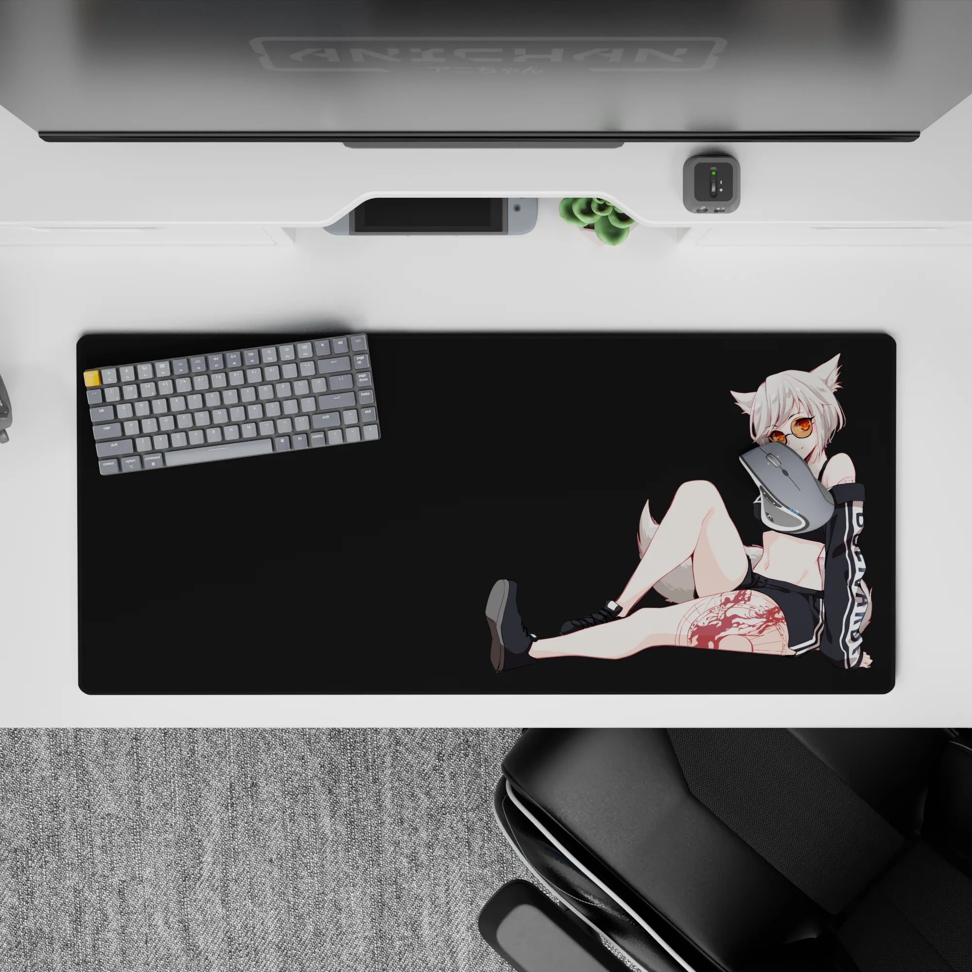 Charcoal and black anime desk pad 36x16 inches with white stripes, amber shades, playful mood.