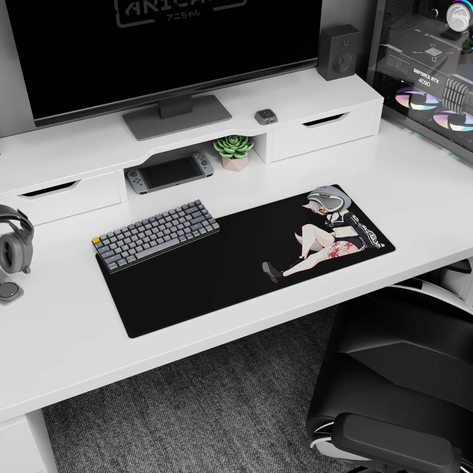 28x12 inches mouse pad showing a lounging fox-eared anime girl with amber glasses on a dark backdrop.