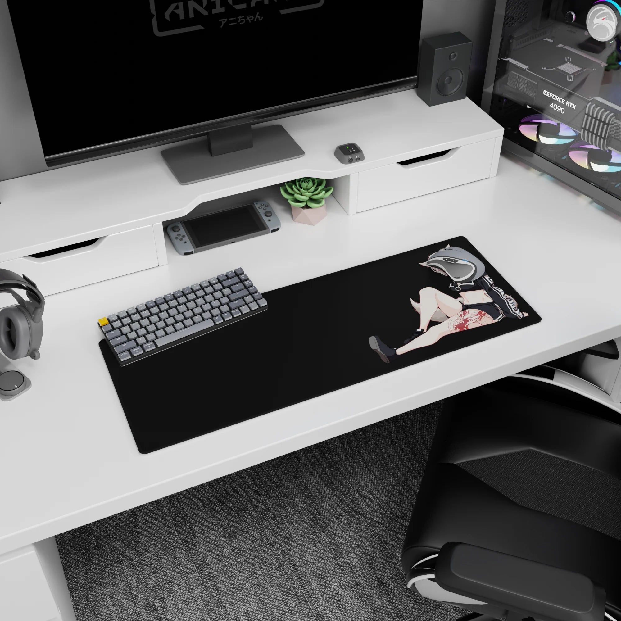 Fox-eared anime girl lounging in amber shades on a 32x12 inches mouse pad, playful gaming desk mat.