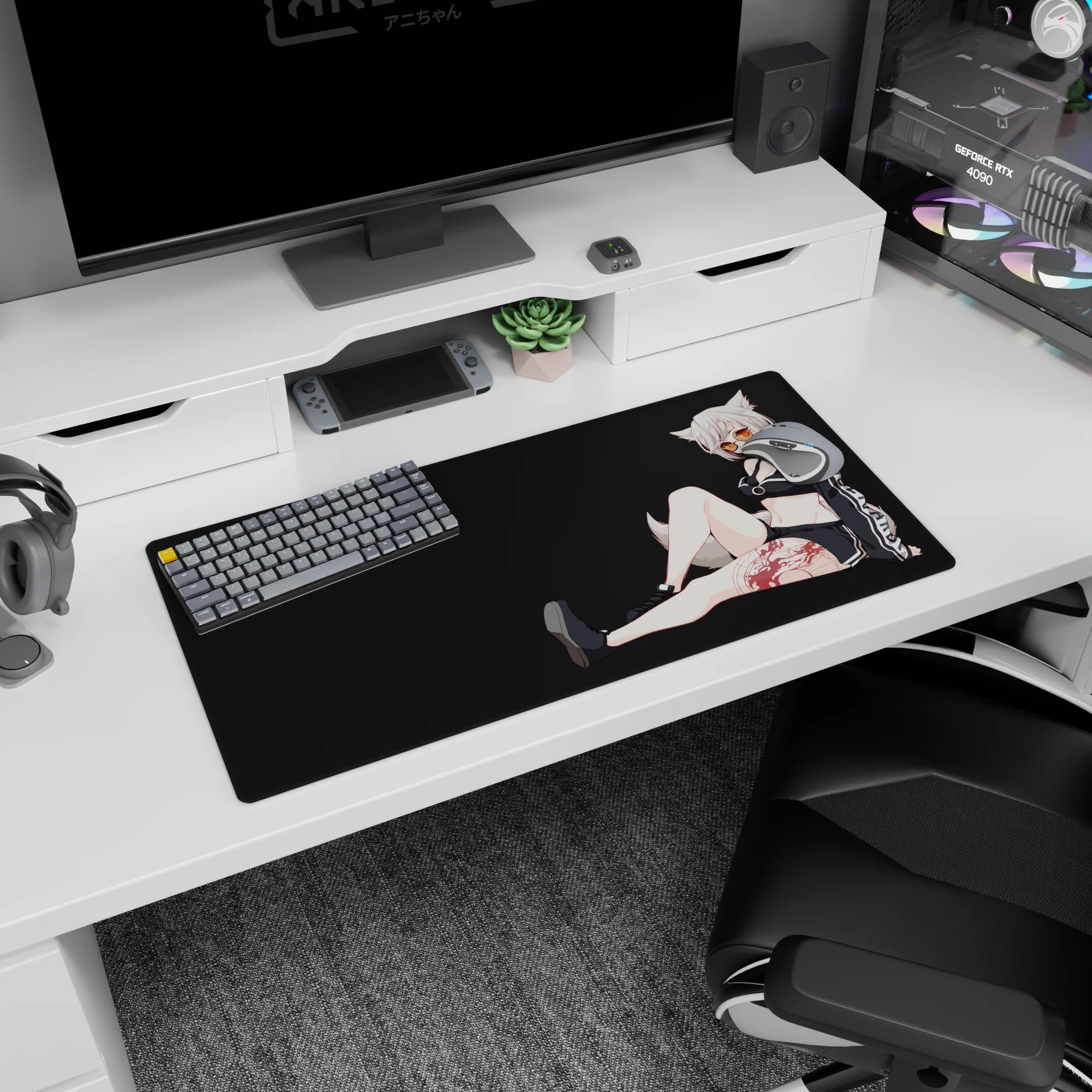 32x16 inches mouse pad showing a lounging fox-eared anime girl with amber sunglasses and bold thigh tattoo pattern.
