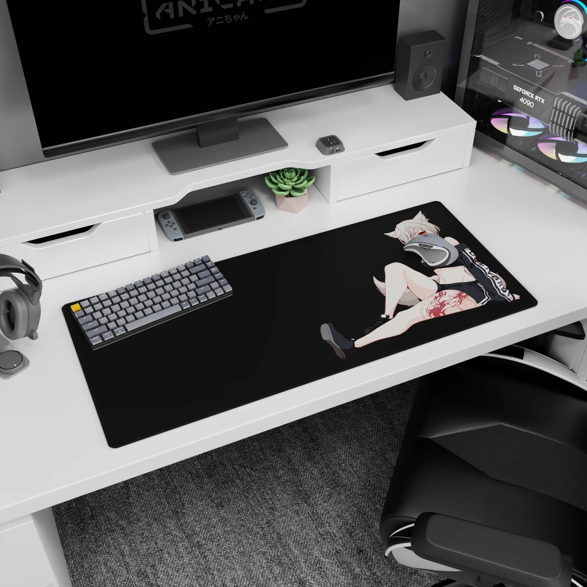 Fox-eared anime girl lounging with amber sunglasses on a charcoal backdrop desk pad 36x16 inches.