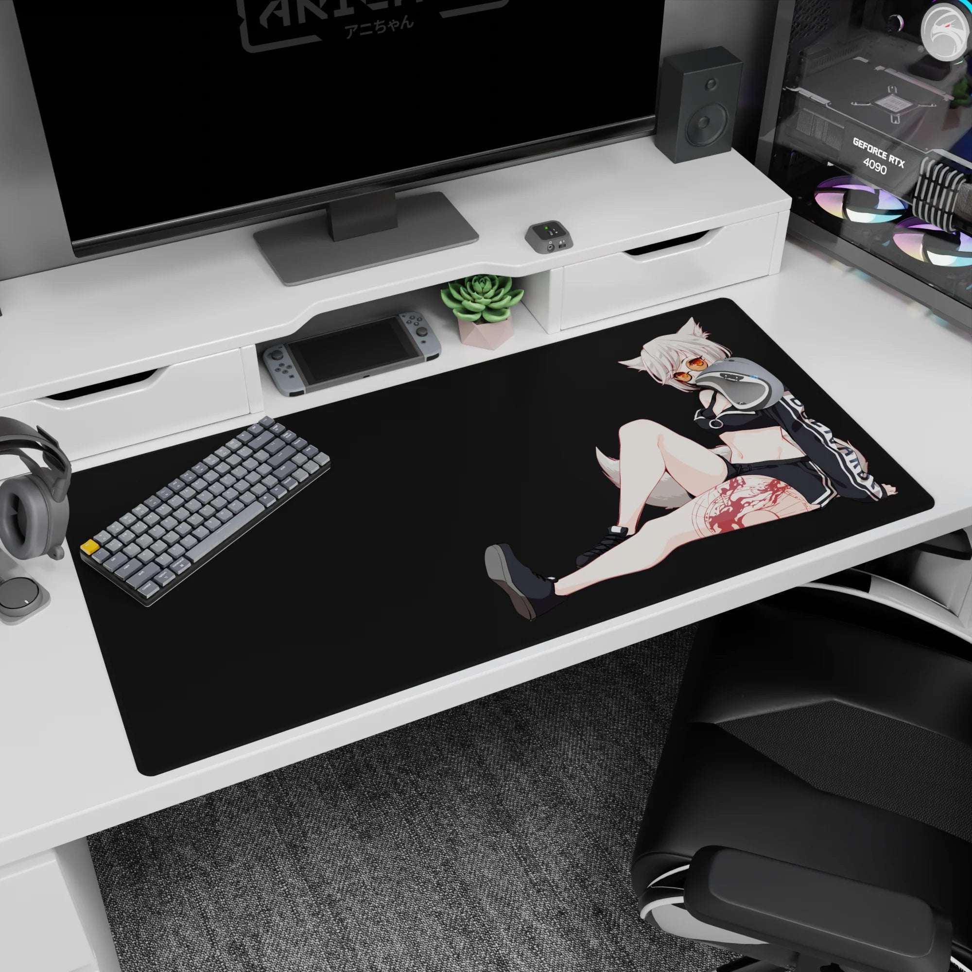 Fox-eared anime girl lounging pose desk pad 40x20 inches, amber shades, playful mischief on dark backdrop.