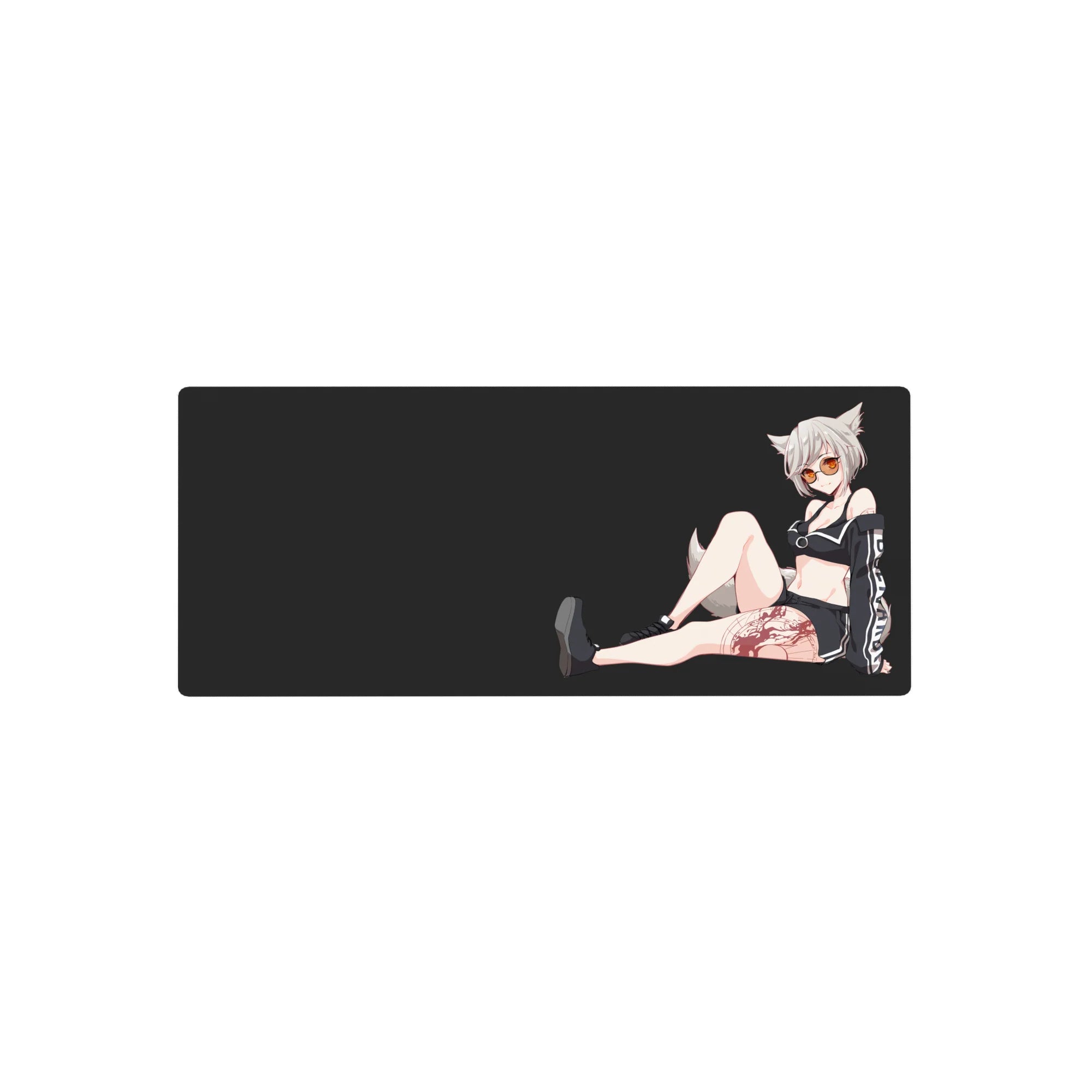 28x12 inches anime girl mouse pad with snowy-haired fox girl, fluffy ears, sporty black outfit, thigh tattoo.