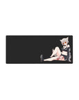 28x12 inches anime girl mouse pad with snowy-haired fox girl, fluffy ears, sporty black outfit, thigh tattoo.