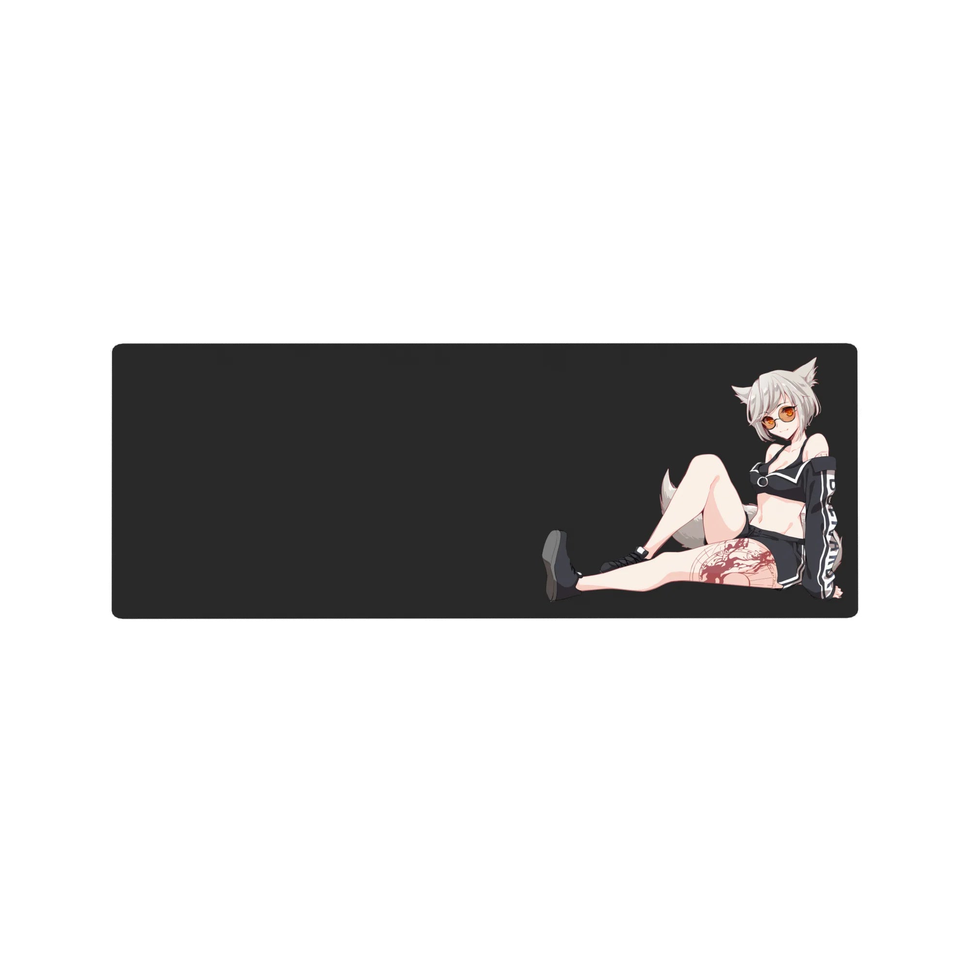 Anime girl mouse pad 32x12 inches with fox girl, snowy hair, fluffy ears, black sporty outfit, tattoo.