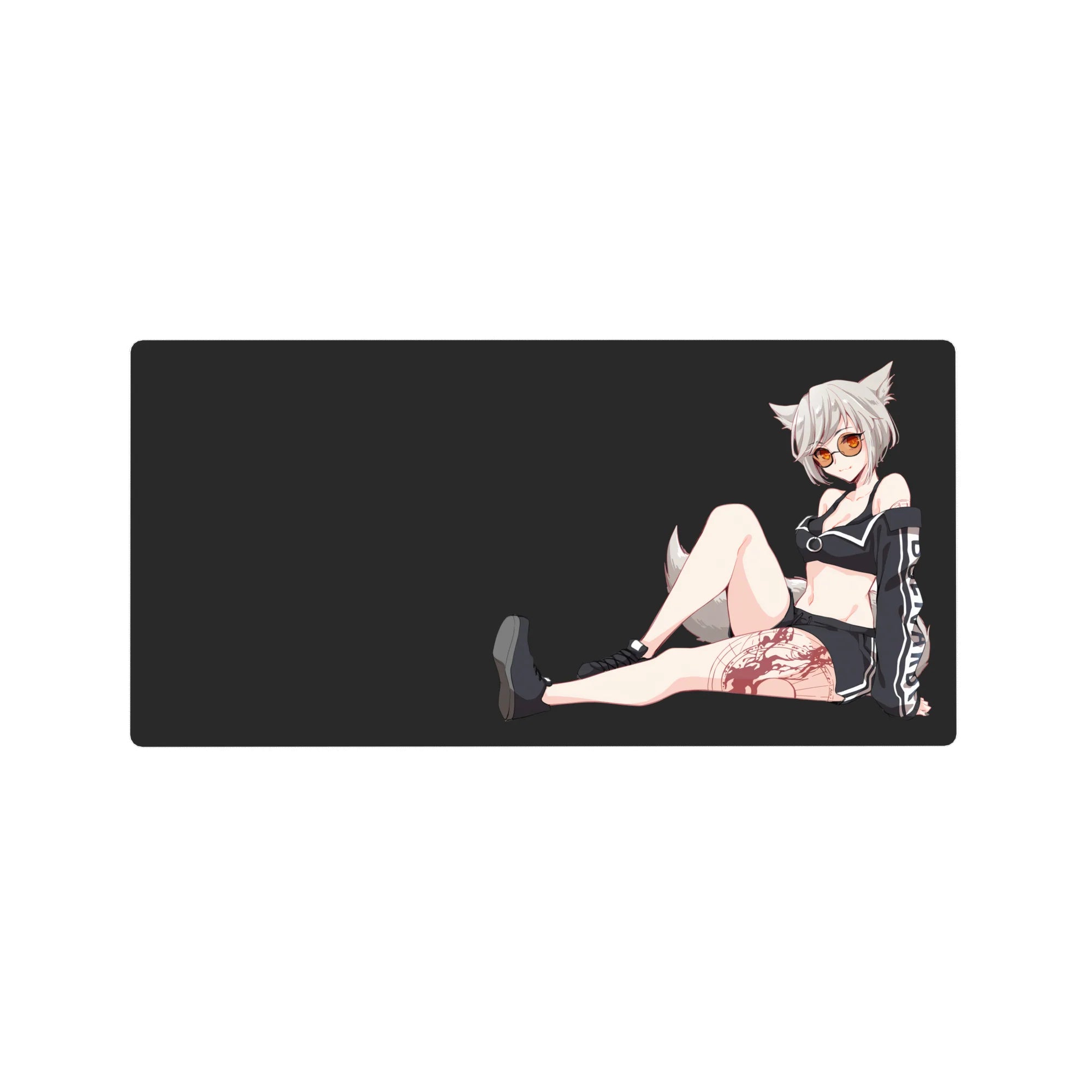 32x16 inches anime girl mouse pad with snowy-haired fox girl, fluffy ears, sporty black outfit, charcoal background.