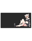 32x16 inches anime girl mouse pad with snowy-haired fox girl, fluffy ears, sporty black outfit, charcoal background.