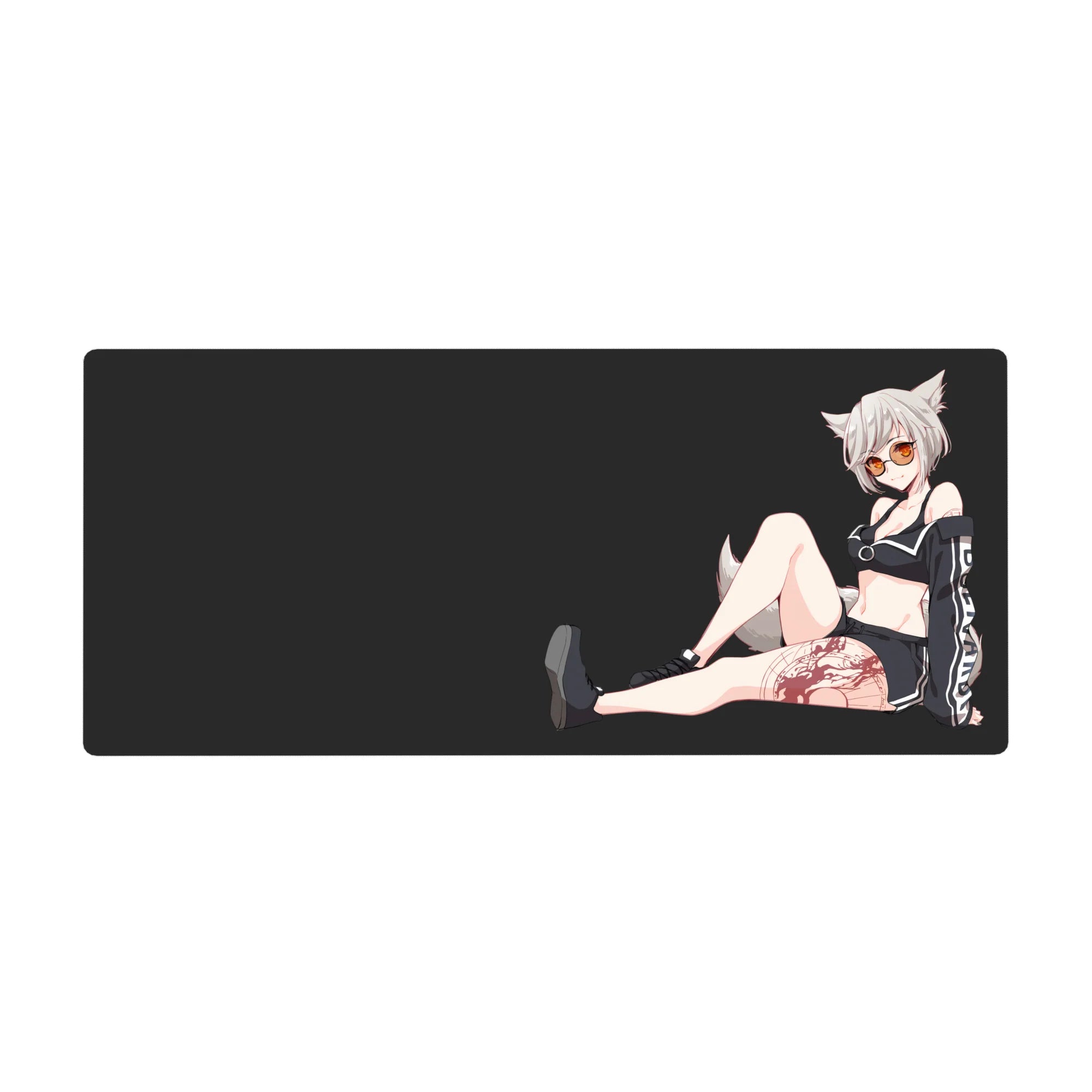 Anime girl desk pad 36x16 inches with fox girl, snowy hair, fluffy ears, sporty black outfit, tattoo.